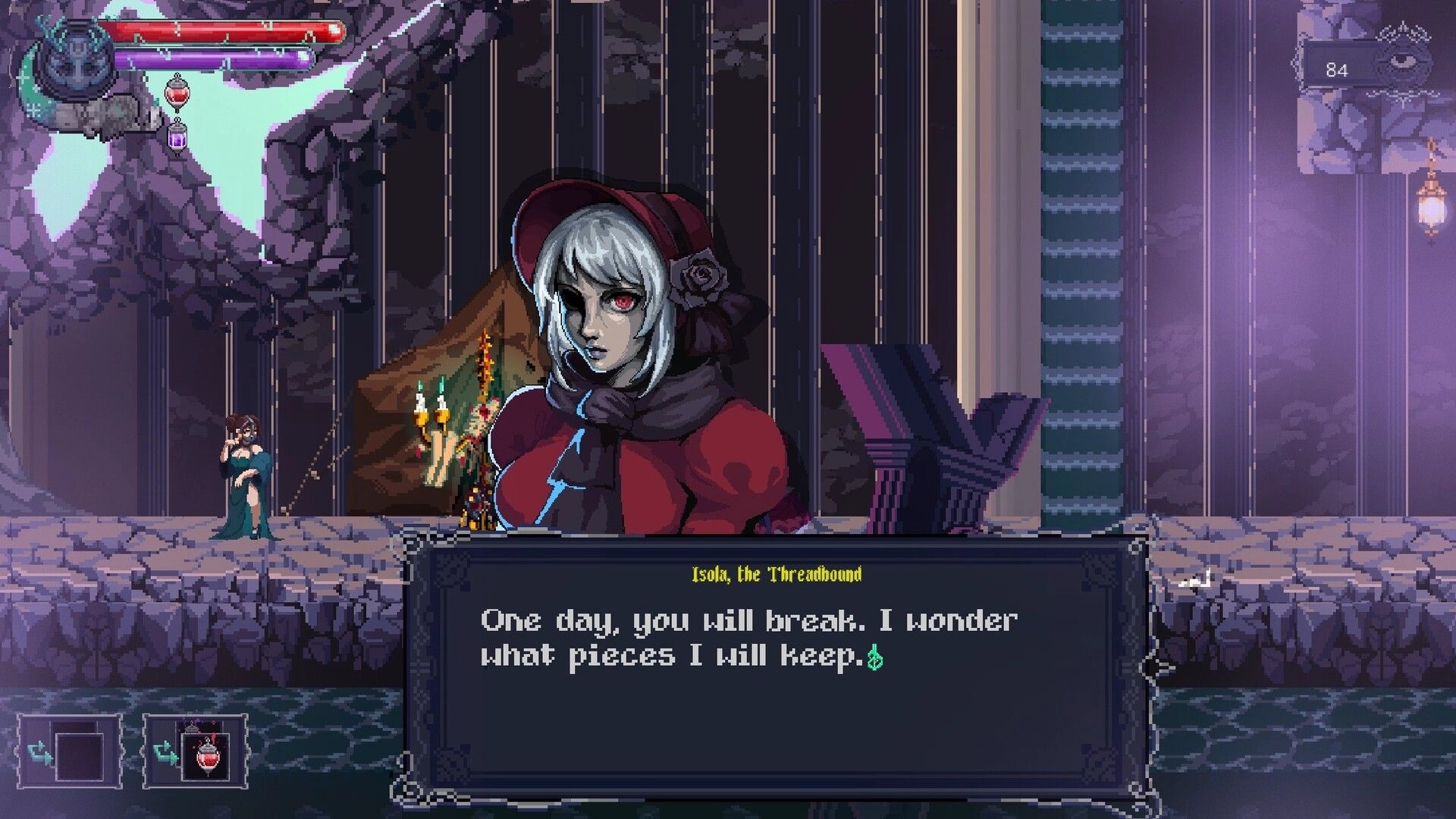 Oneirium: Dialogue with Isola the Threadbound in ruined cavern camp, health bars and item icons visible.