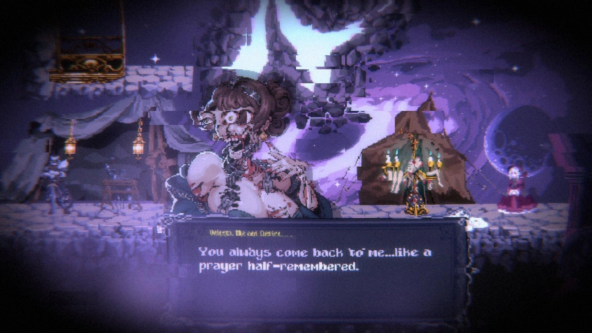 Oneirium: Dialogue box with a grotesque woman portrait on a stone platform under purple sky and moon.