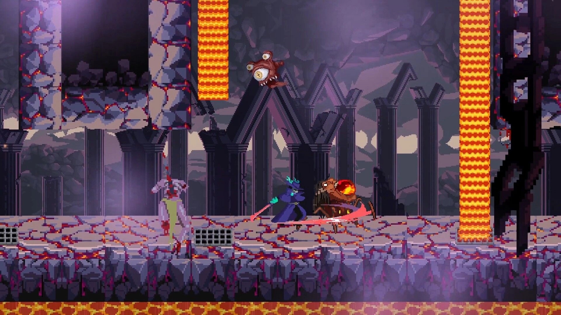 Oneirium: Cloaked fighter slashes a crab-like monster amid lava pillars in crumbling gothic ruins.