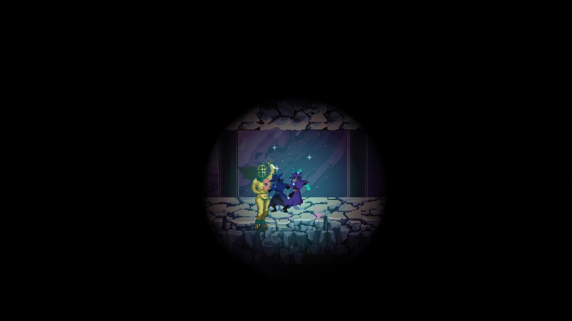 Oneirium: Two shadowy figures confront a yellow character on a cracked stone platform in darkness.