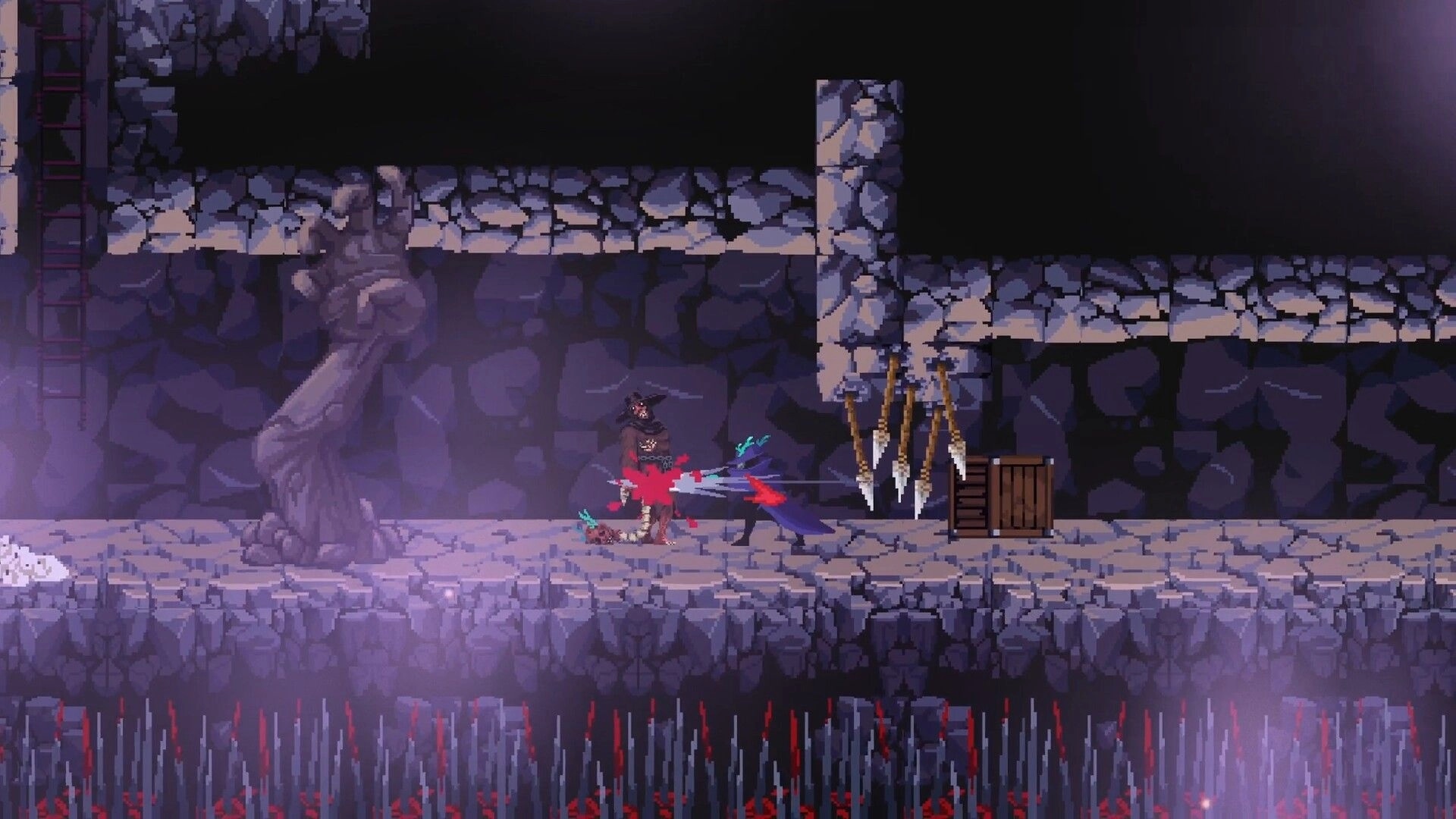 Oneirium: Side-scrolling attack on a wolf-like enemy in a rocky cave with spikes and a crate.