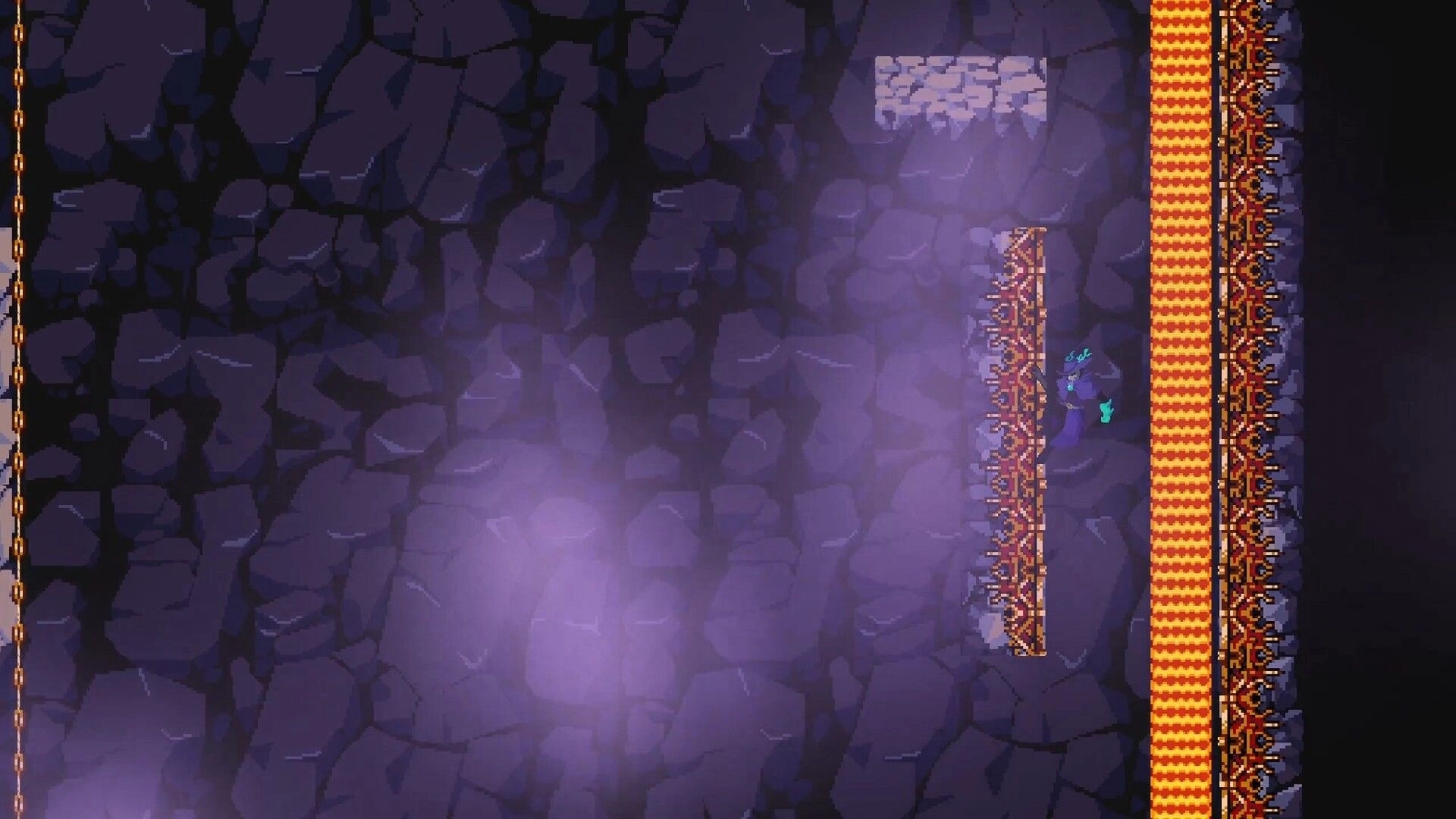 Oneirium: Horned character wall-jumps beside spiked platforms in a purple-lit stone cavern shaft.