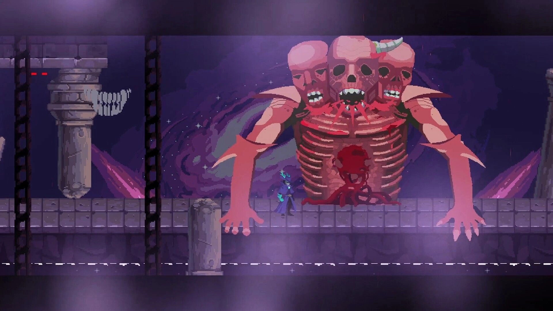 Oneirium: Side-view boss fight with a giant three-skull ribcage monster on a stone bridge in mist.
