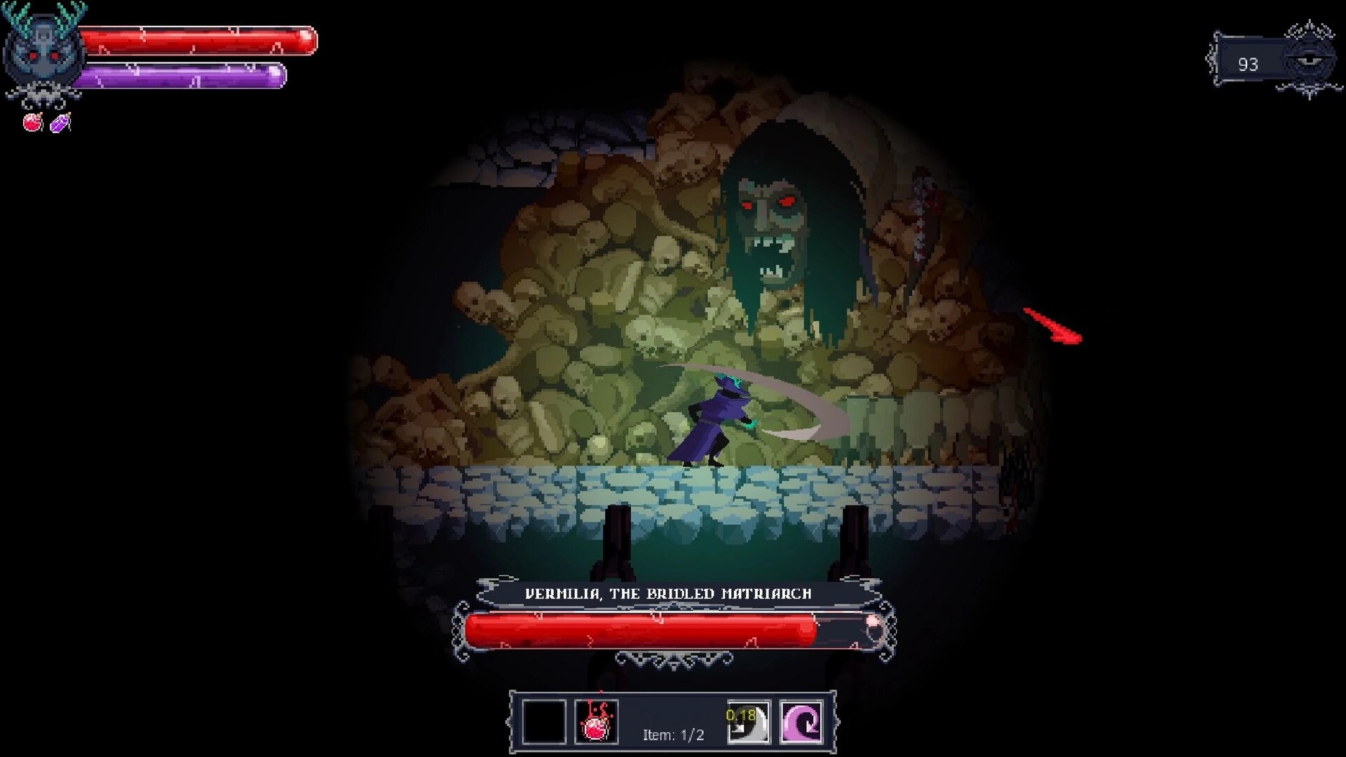 Oneirium: Boss fight versus Vermilia, the Bridled Matriarch in a bone-strewn cavern arena.