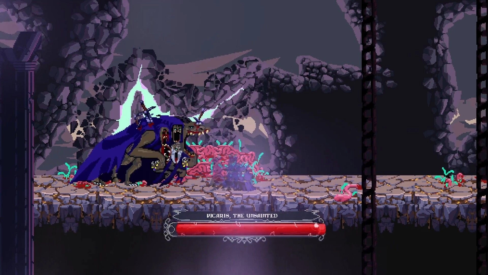 Oneirium: Boss fight with Vicaris, the Unsainted and a long red health bar in a rocky cavern arena.