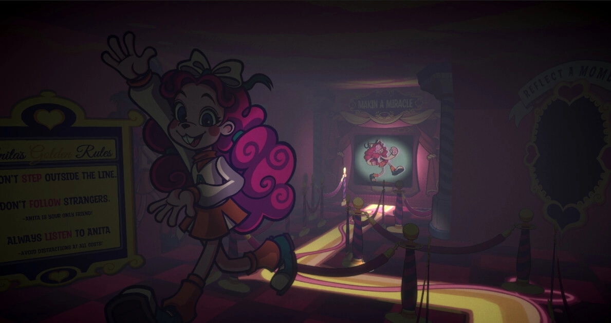 oneway.exe: Cartoon character Anita in a dimly lit hallway with cautionary rules and exhibit signs.