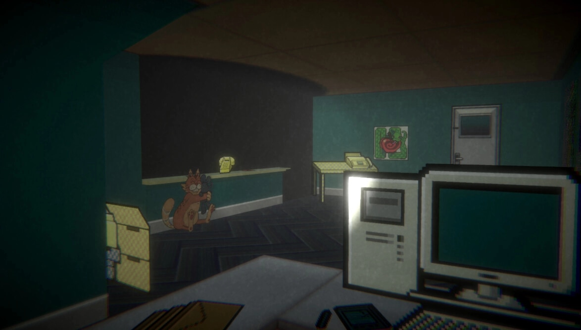 oneway.exe: Office setting with a cartoon cat holding a phone, computer on desk, and wall art visible.