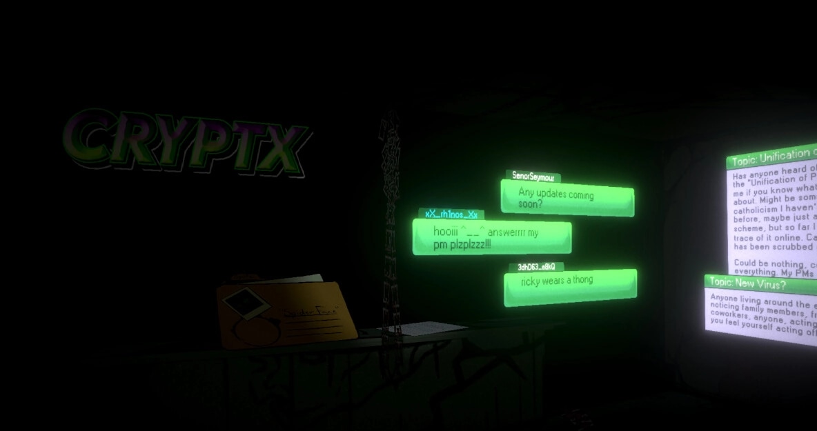 oneway.exe: Chat messages and notes in dark room with glowing text and "CRYPTX" sign on wall