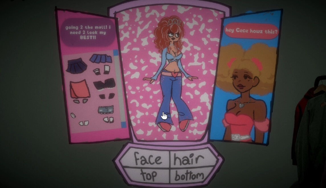 oneway.exe: Character customization screen with outfit options and dialogue in a stylized interface