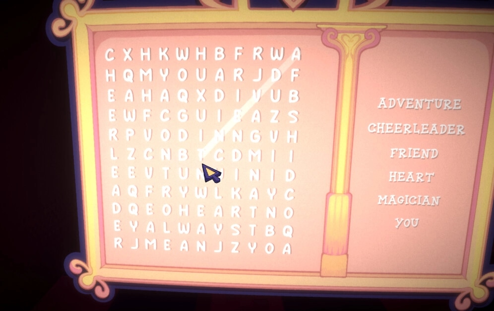 oneway.exe: Word search puzzle with words like "ADVENTURE" and "HEART" on ornate pink background