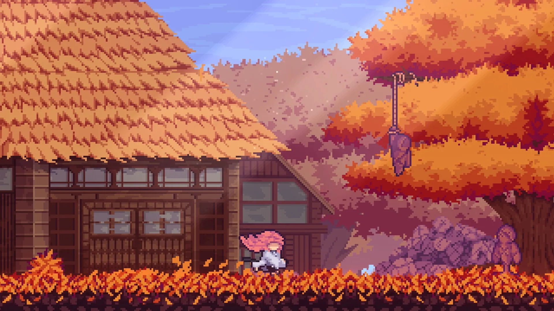 Onikura: Character running past a wooden house with vibrant autumn trees in a peaceful village setting