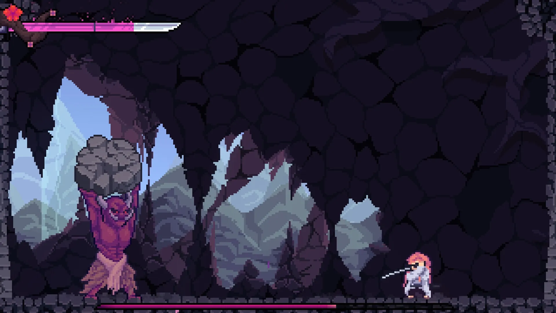 Onikura: Player confronts a large pink boss wielding a boulder in a dark cave with health bars visible.