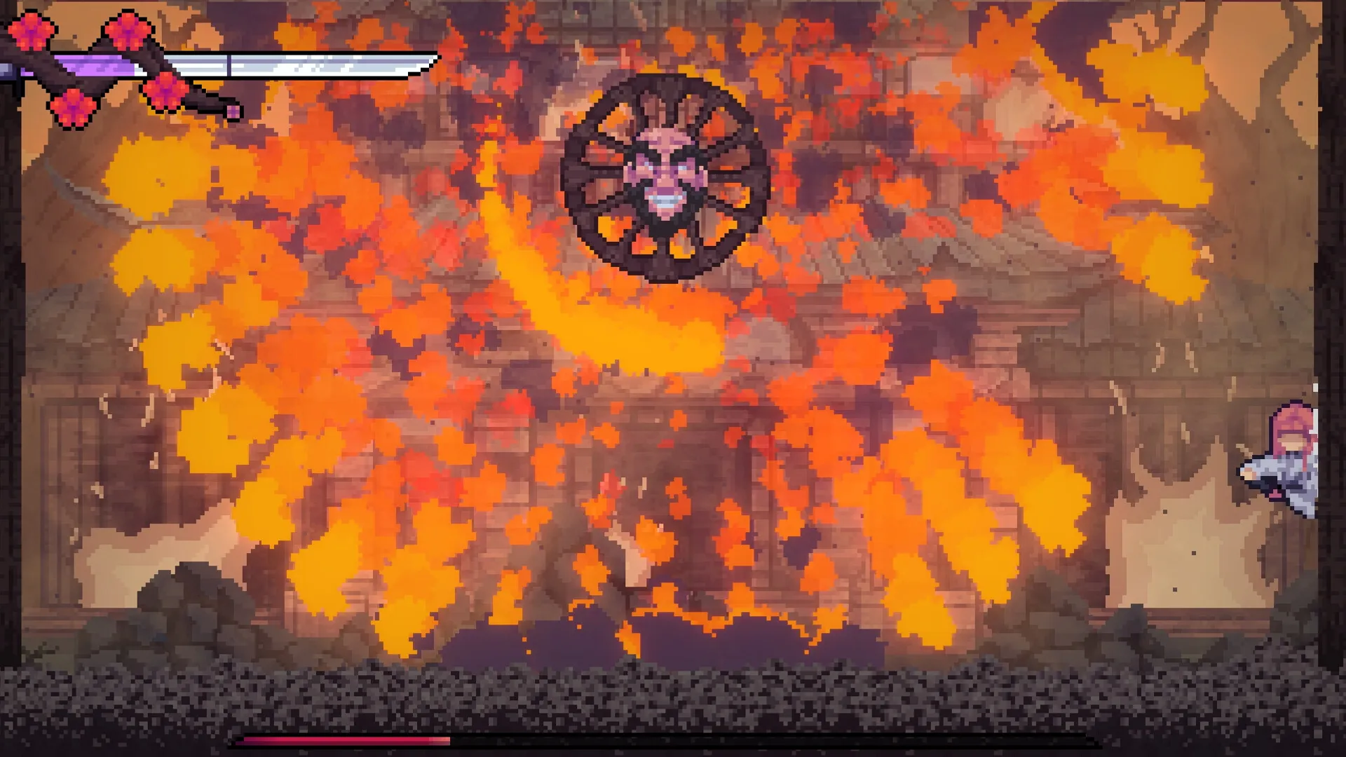 Onikura: Intense boss battle with fiery explosion in a ruined temple setting, health bar visible