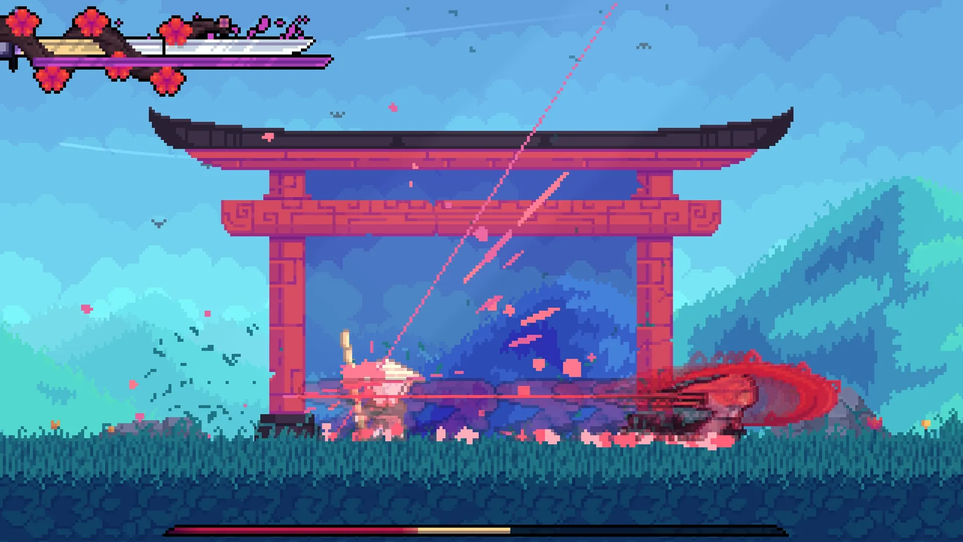 Onikura: Intense combat scene with sword-wielding character and enemy near a torii gate in grassy field.