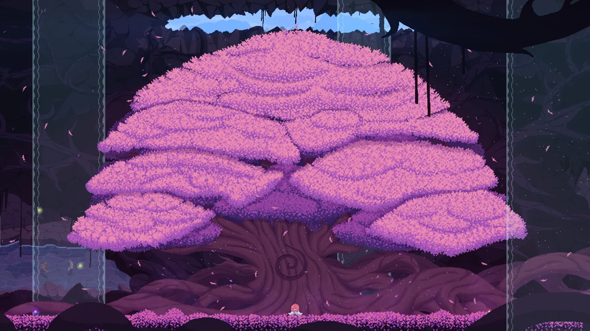 Onikura: Player character standing beneath a massive, pink blossom tree in an underground cavern.