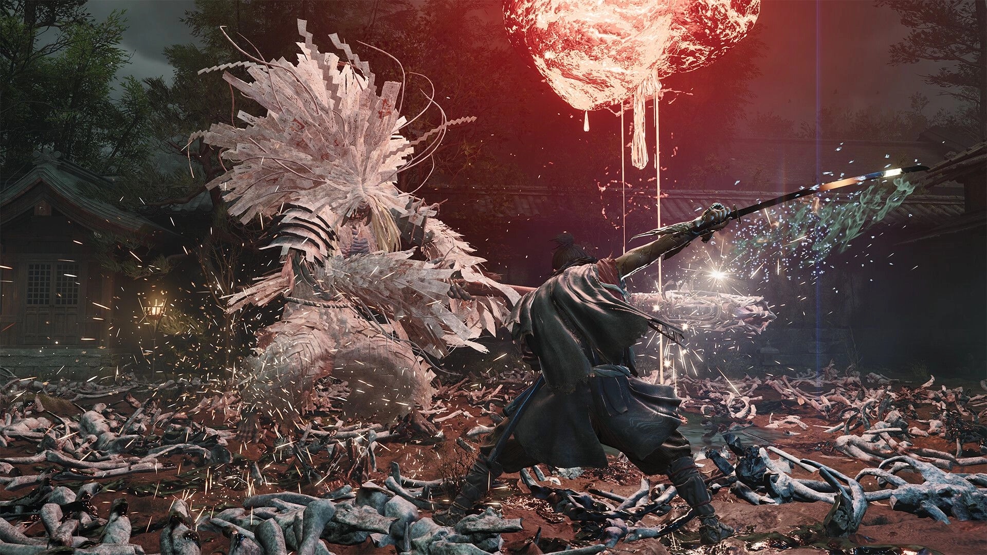 Onimusha: Samurai swings a glowing spear at a paper-armored monster in a shrine courtyard at night.