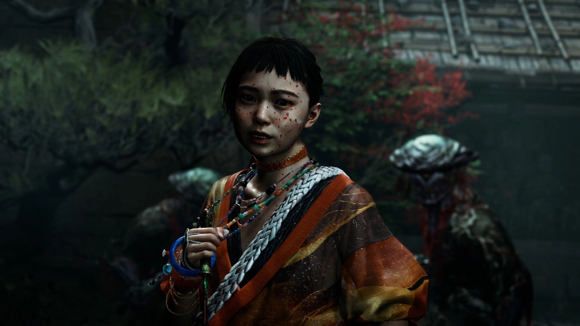 Onimusha: Blood-speckled young woman grips a charm near stone steps in a misty garden path.