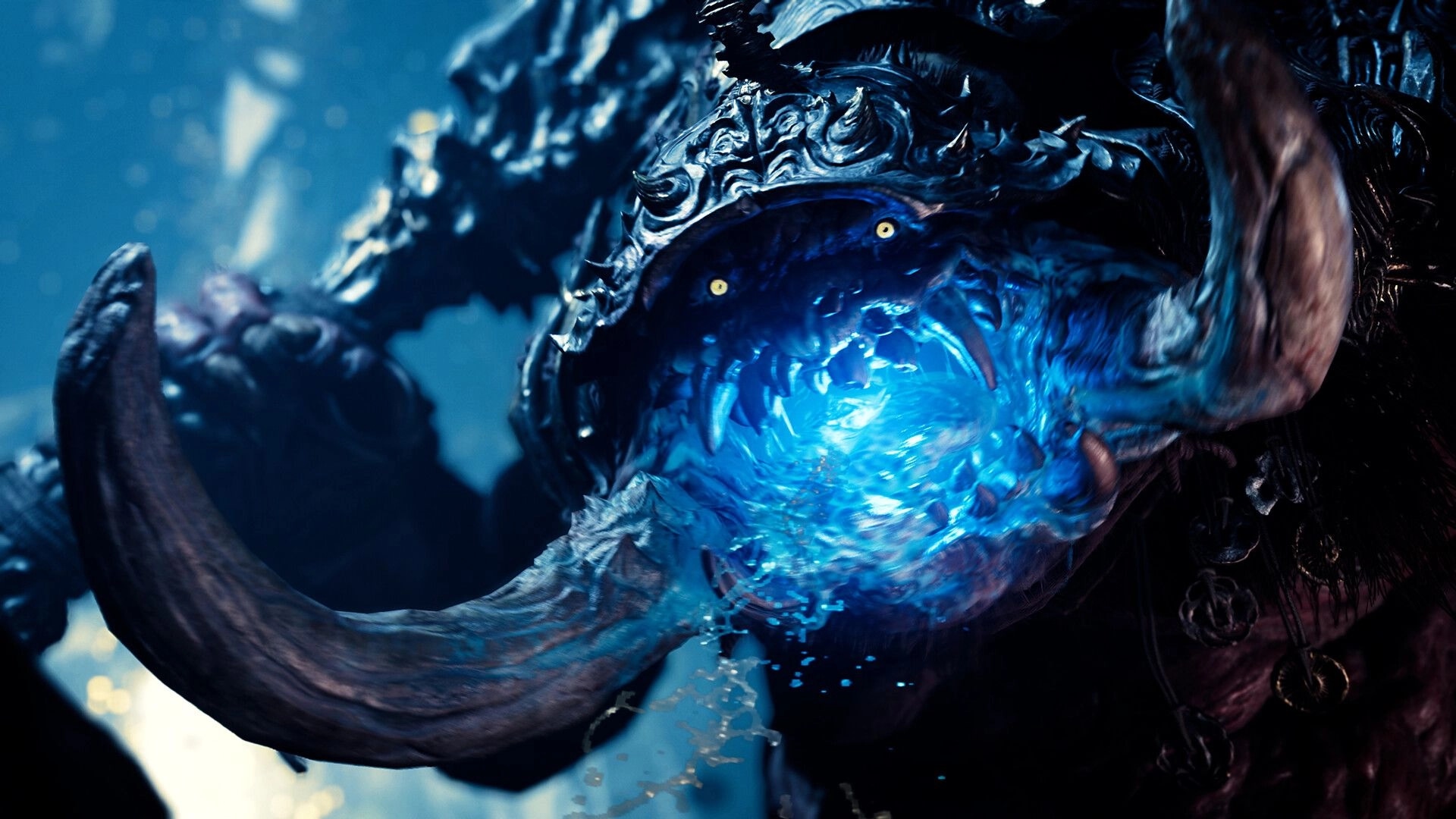 Onimusha: Close-up of a horned Genma monster with glowing blue maw in a snowy, icy scene.