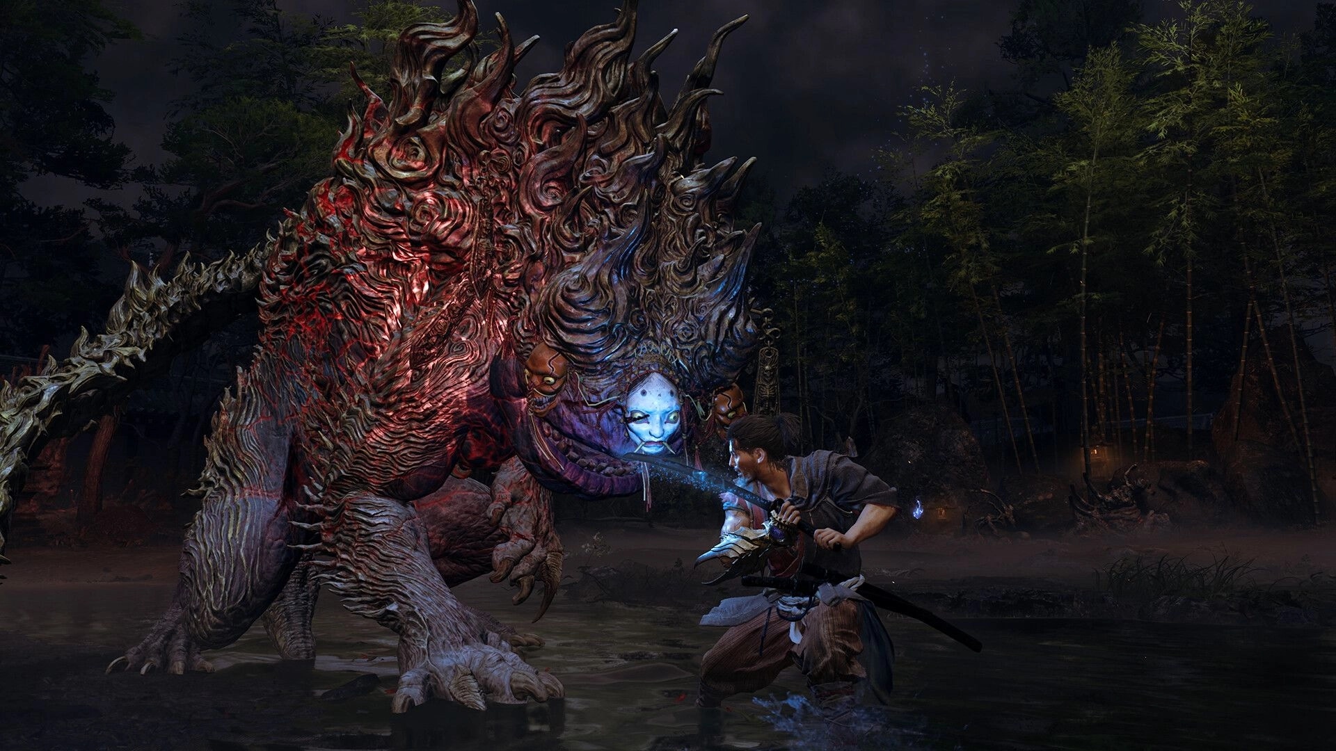 Onimusha: Samurai with glowing Oni gauntlet faces a horned demon in a misty bamboo swamp at night.