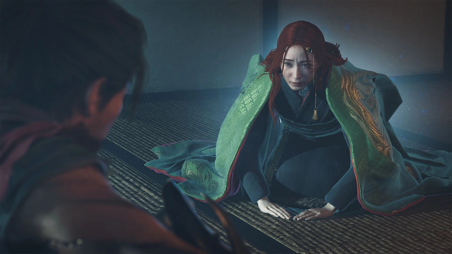 Onimusha: Woman in ornate kimono kneels on tatami floor facing a blurred samurai indoors.