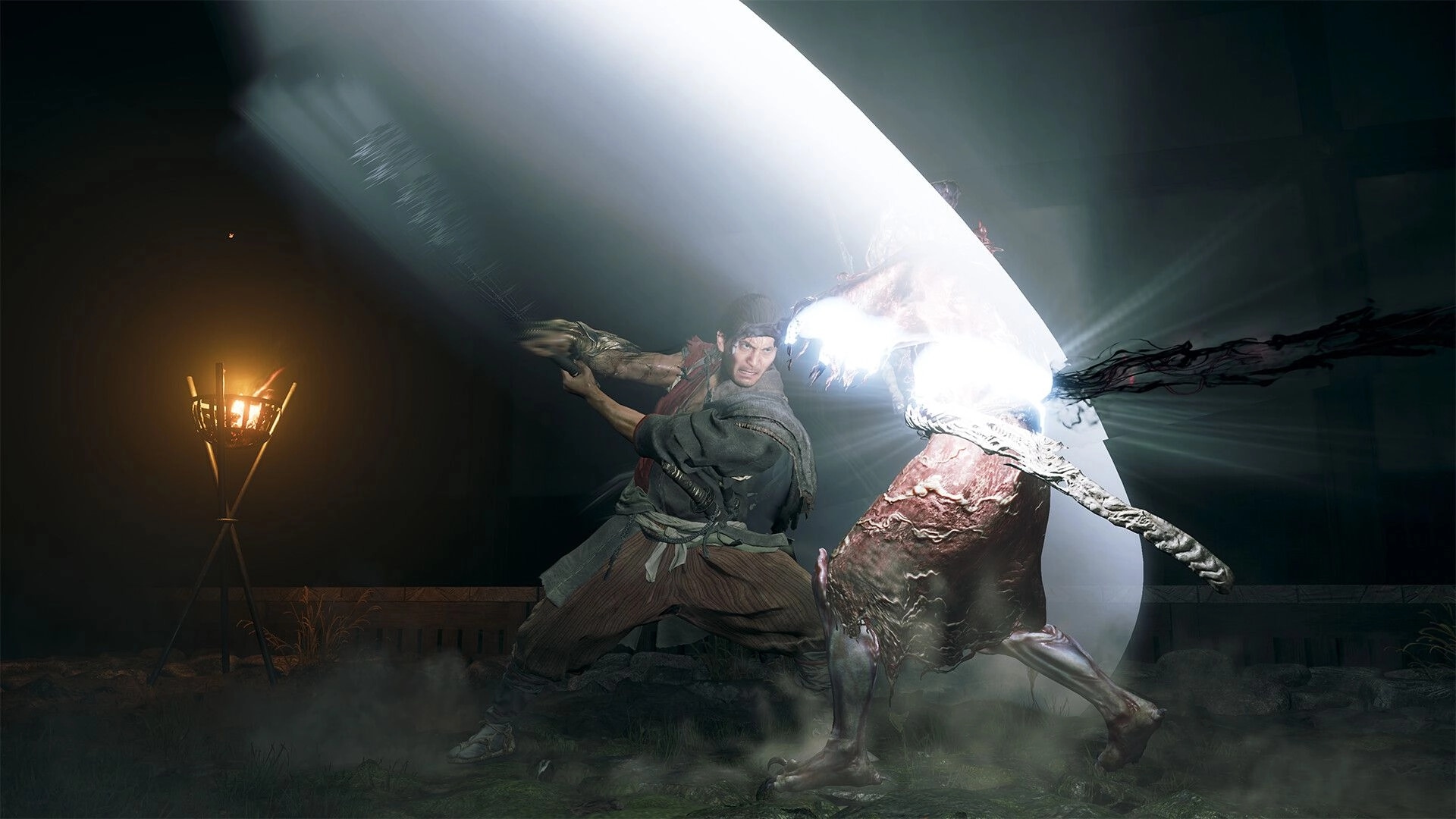 Onimusha: Samurai swings katana at a glowing Genma in a smoky courtyard lit by a torchfire.