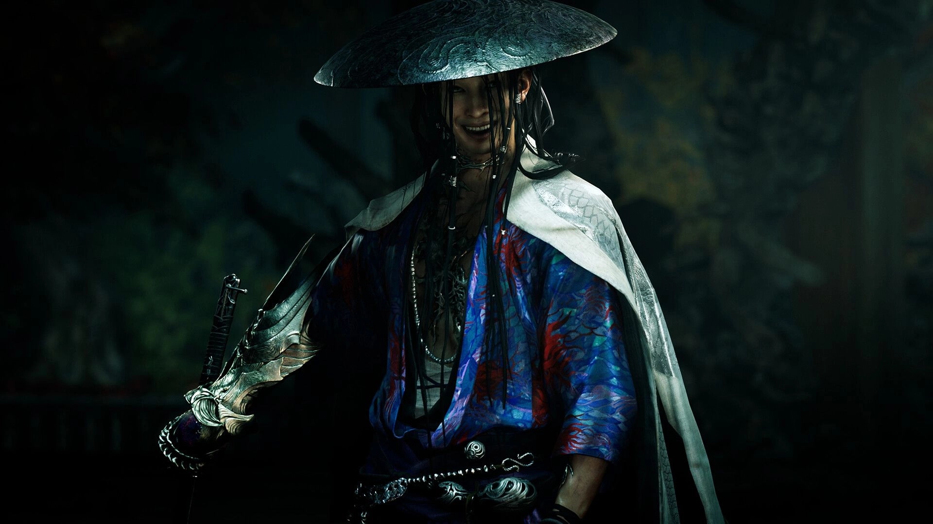 Onimusha: Smirking samurai in straw hat grips ornate sword hilt in a dark, misty backdrop.