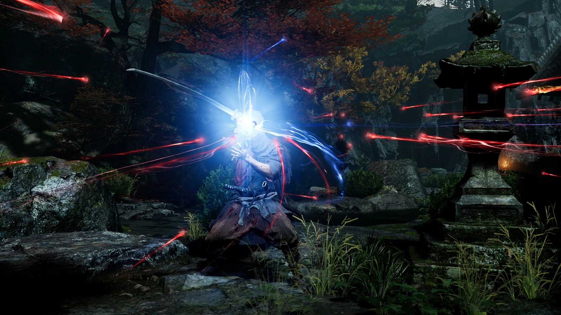 Onimusha: Samurai channels a blue energy burst as red projectiles streak through a shrine garden at dusk.