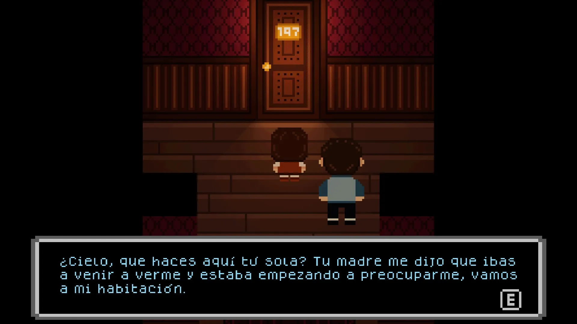 Oniria: Two characters stand before a door labeled 197 in a dimly lit hallway with dialogue text displayed.