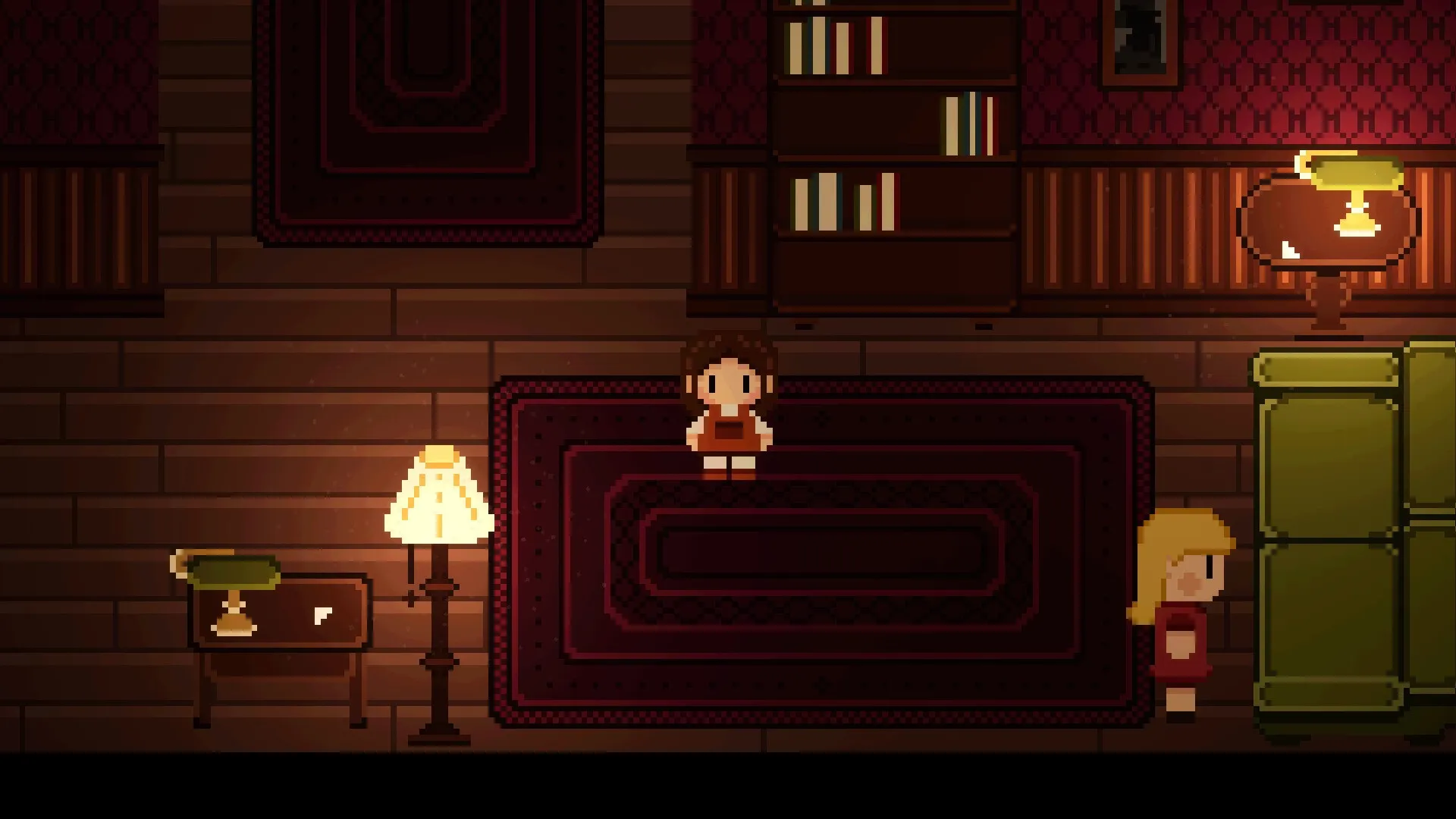 Oniria: Two characters stand in a dimly lit room with bookshelves and ornate rugs