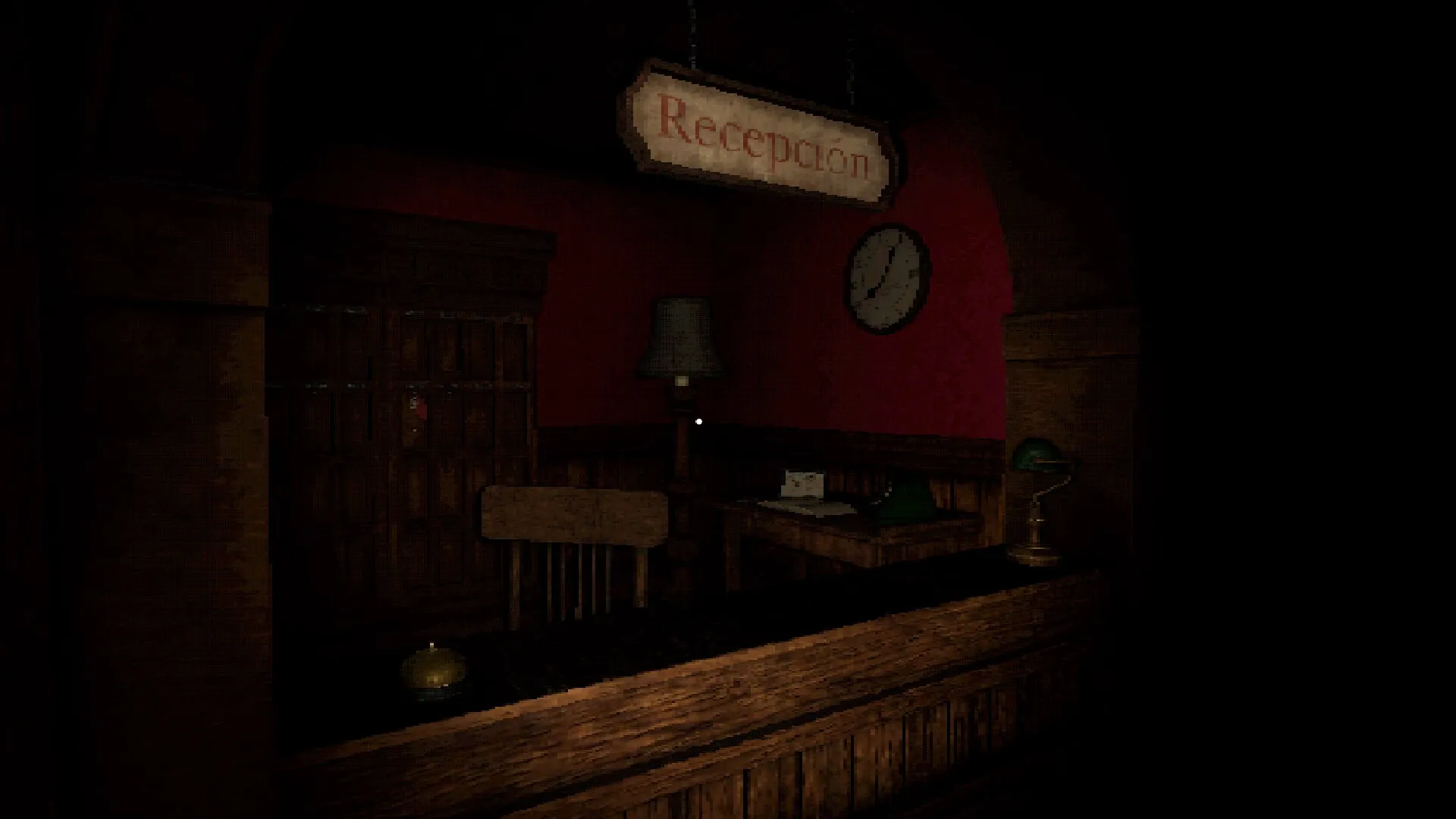 Oniria: Dimly lit reception desk with bell, clock, and lamp in a vintage hotel setting.