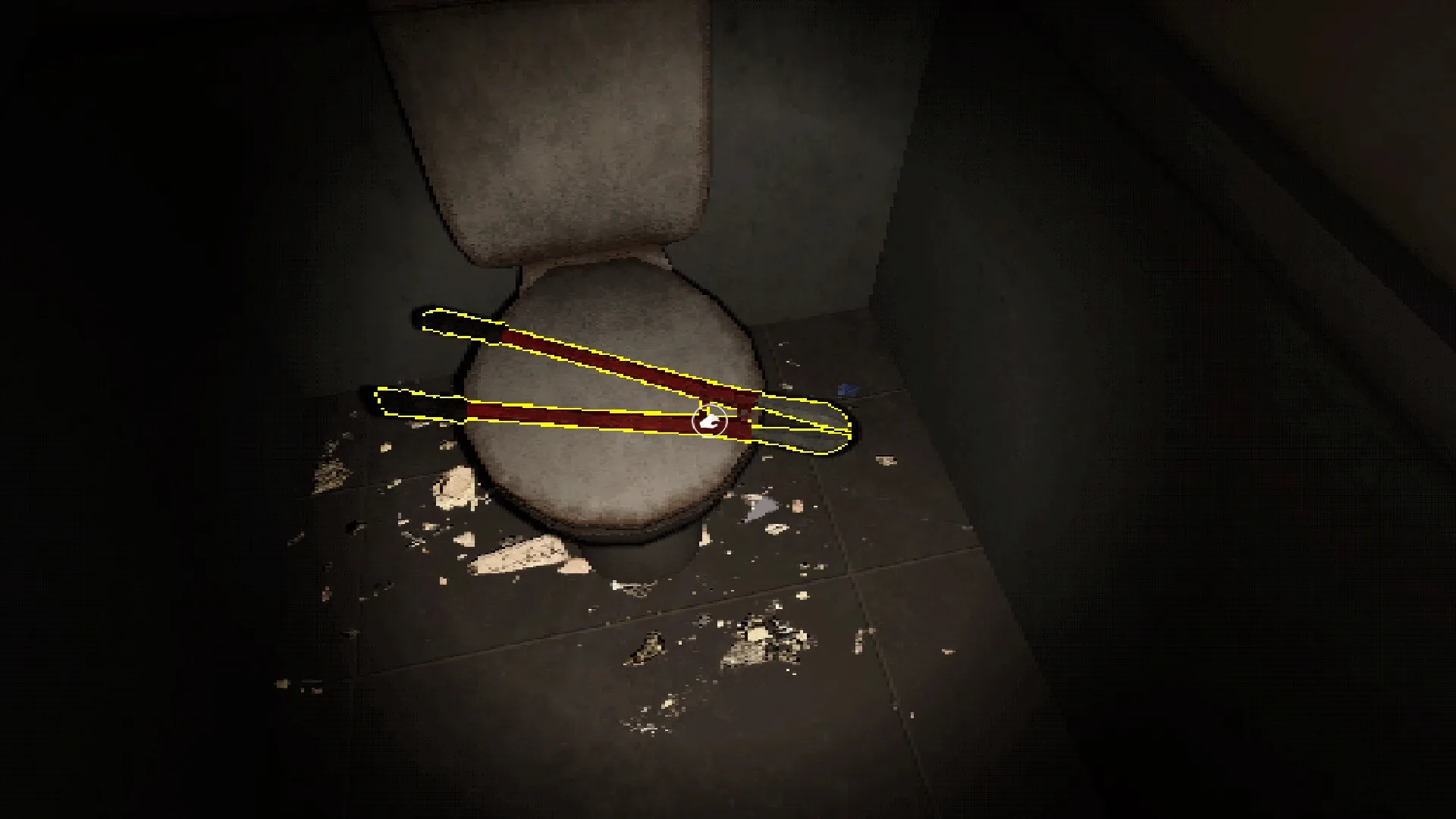 Oniria: Bolt cutters on dirty toilet floor in dimly lit bathroom environment