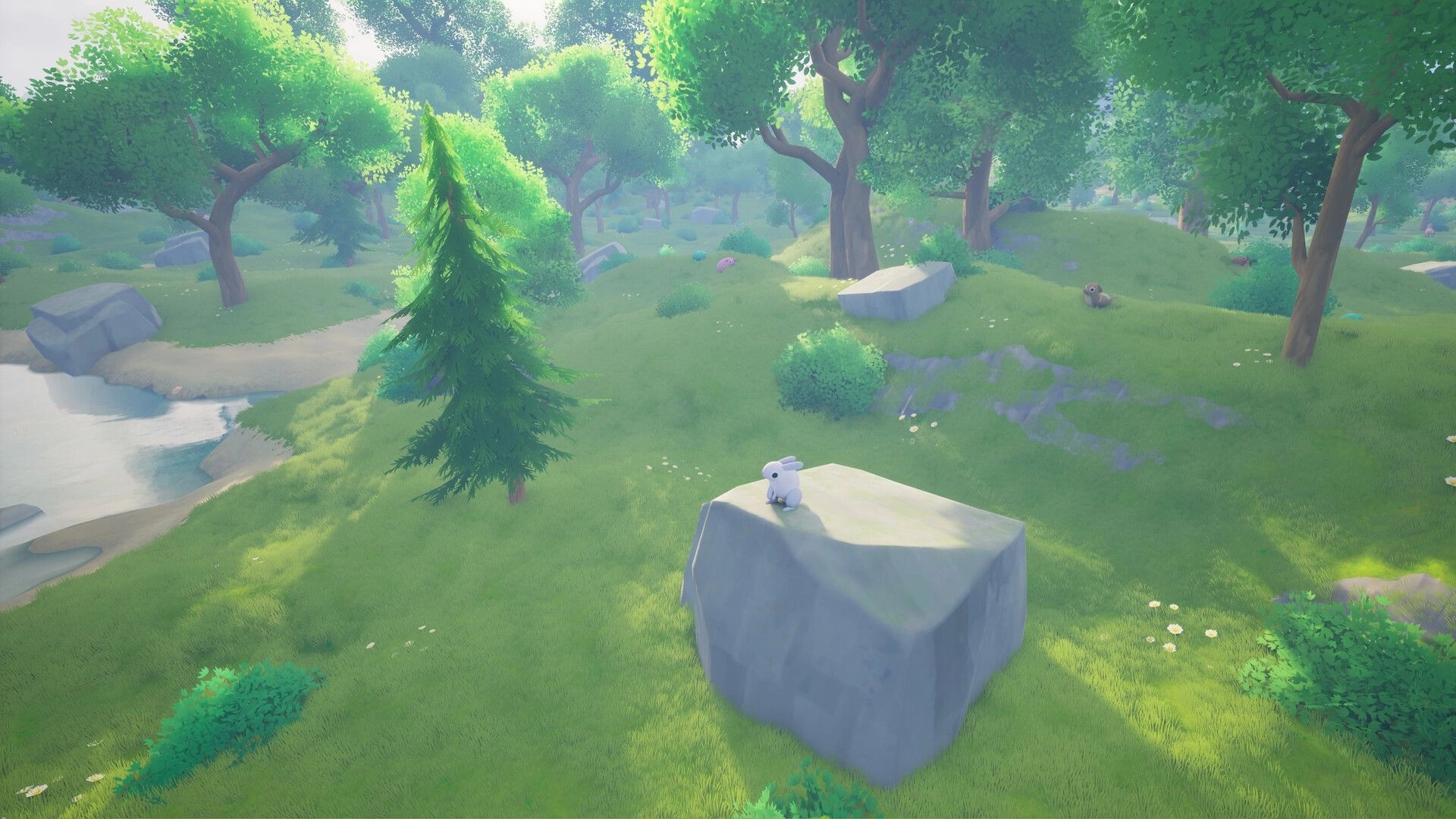 Only Animals: White rabbit perched on a rock in a lush forest clearing with trees and a nearby stream.