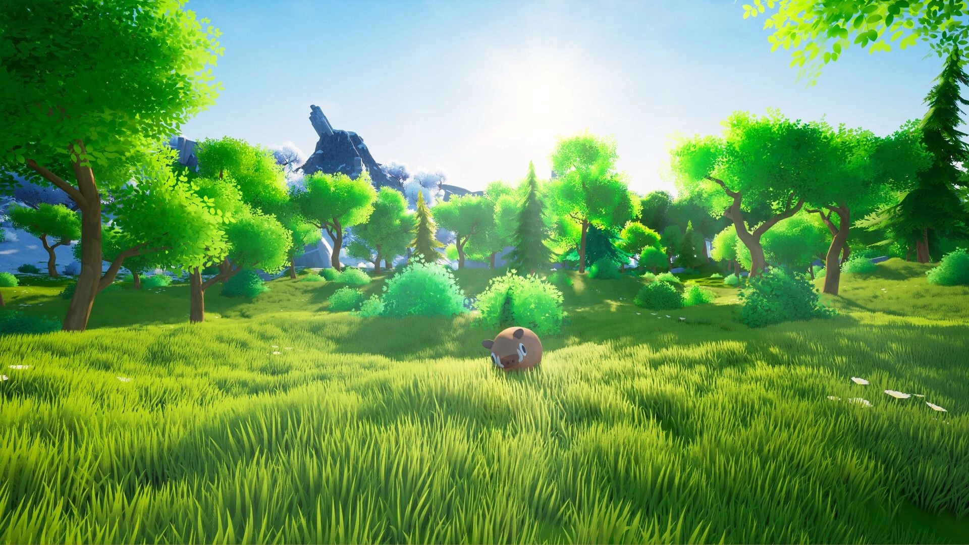 Only Animals: A lone animal explores a lush, sunlit forest with mountains visible in the background.