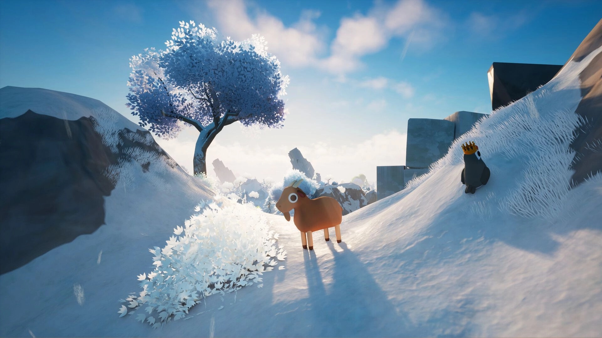 Only Animals: Goat and penguin with crown in snowy mountain landscape under blue sky and lone tree