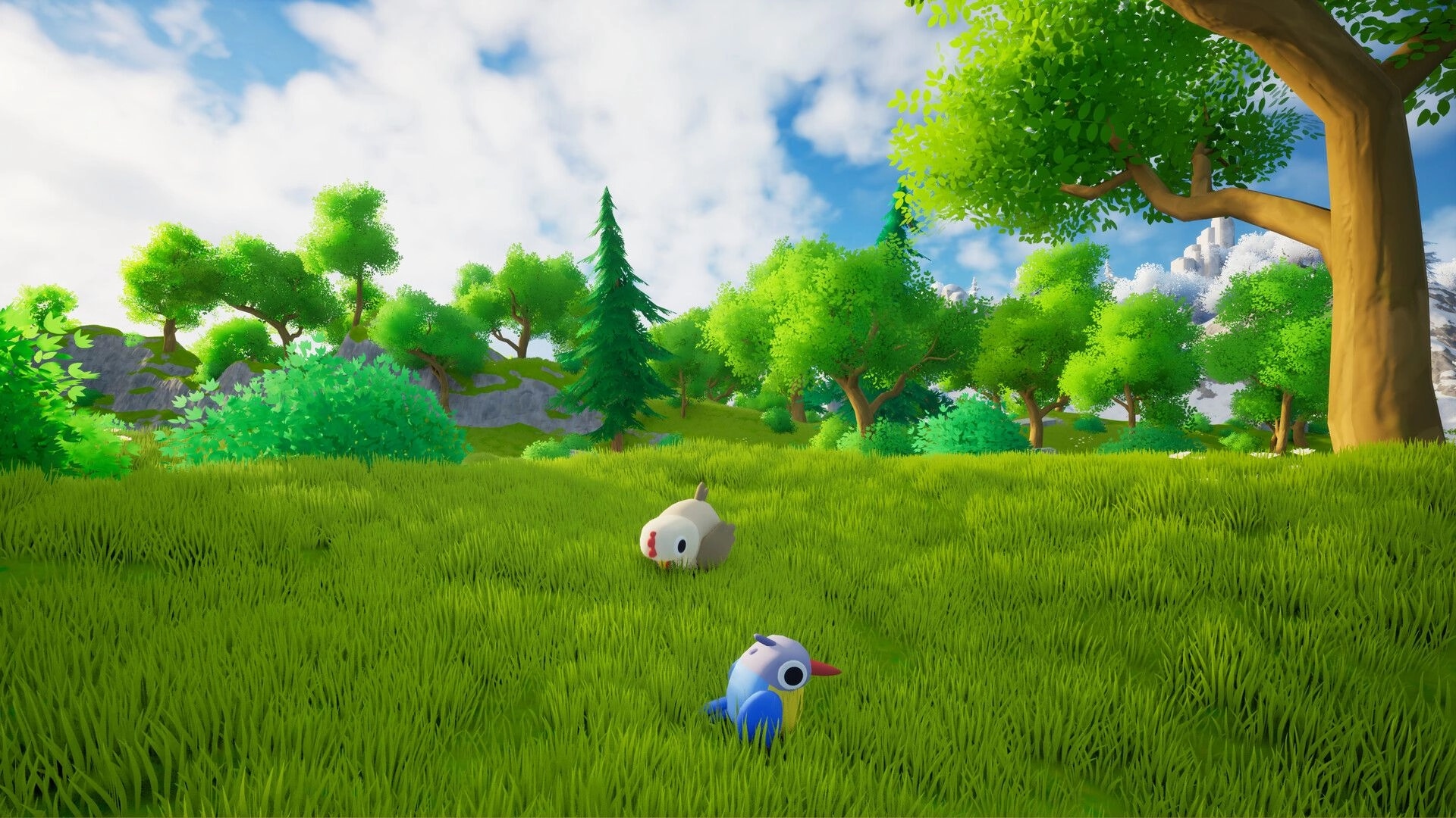 Only Animals: Two creatures explore a lush, sunlit forest meadow with vibrant trees and distant hills.
