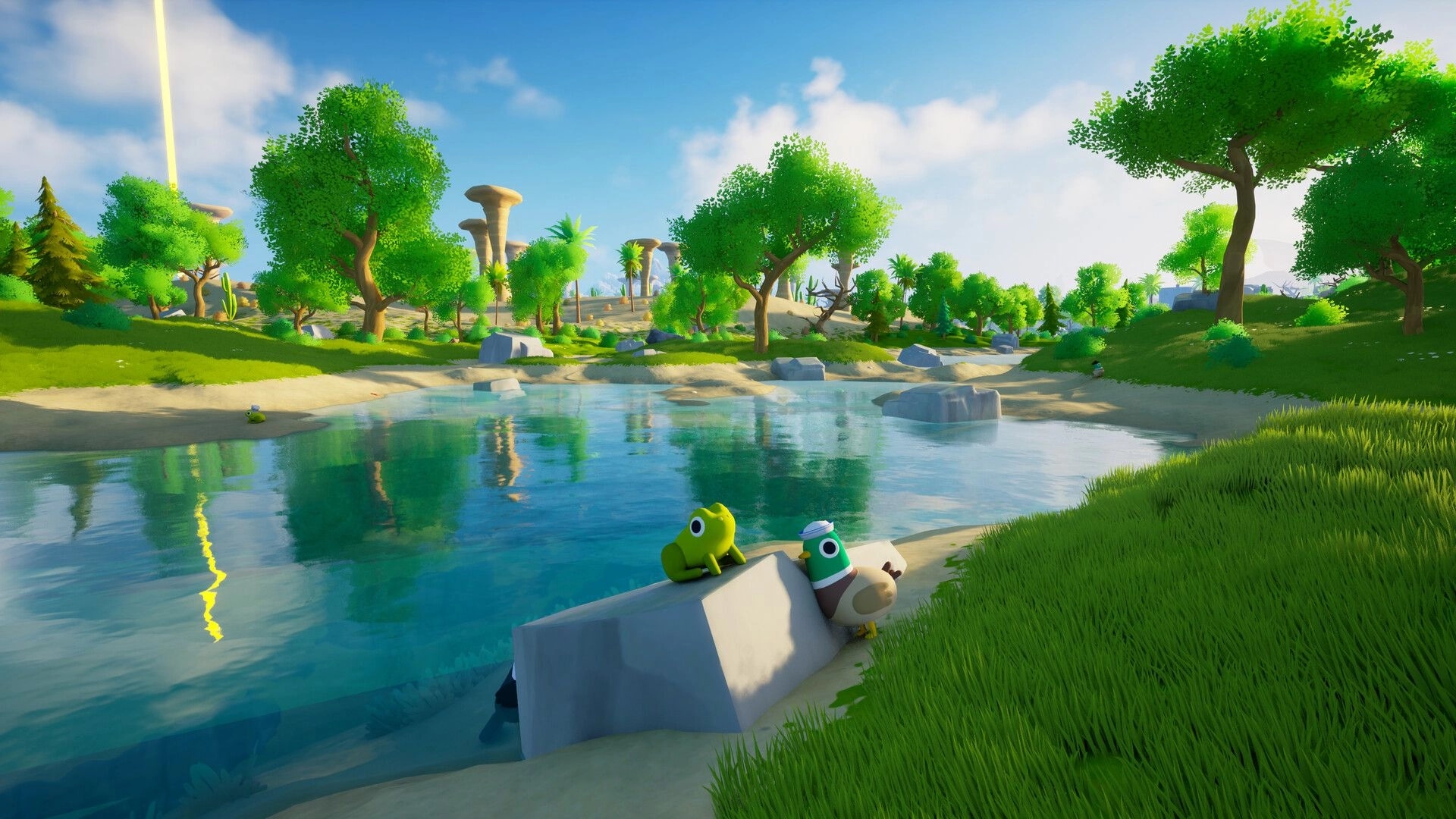 Only Animals: Two playful creatures rest by a tranquil lake surrounded by lush green forest scenery.