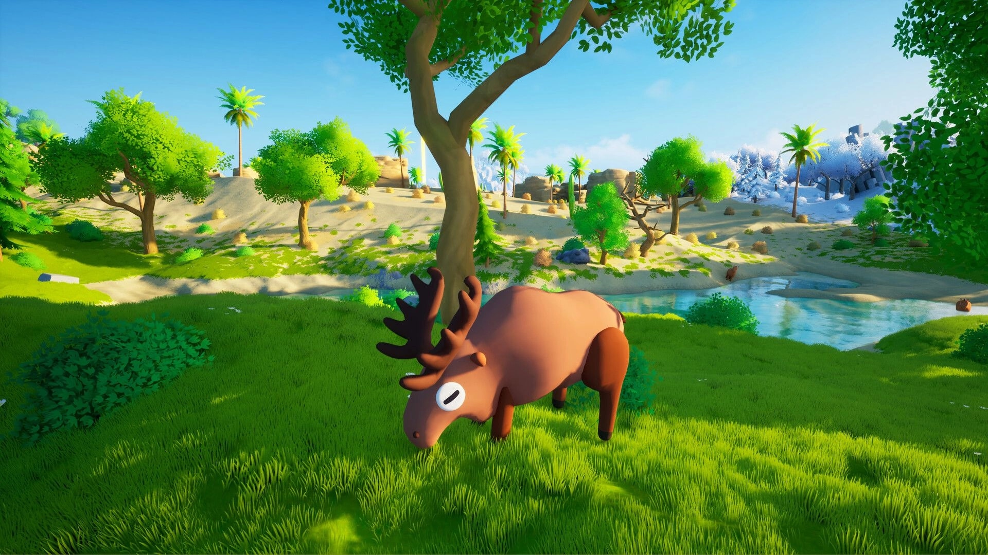 Only Animals: Moose grazing on lush grass in vibrant, sunlit meadow with diverse forest background