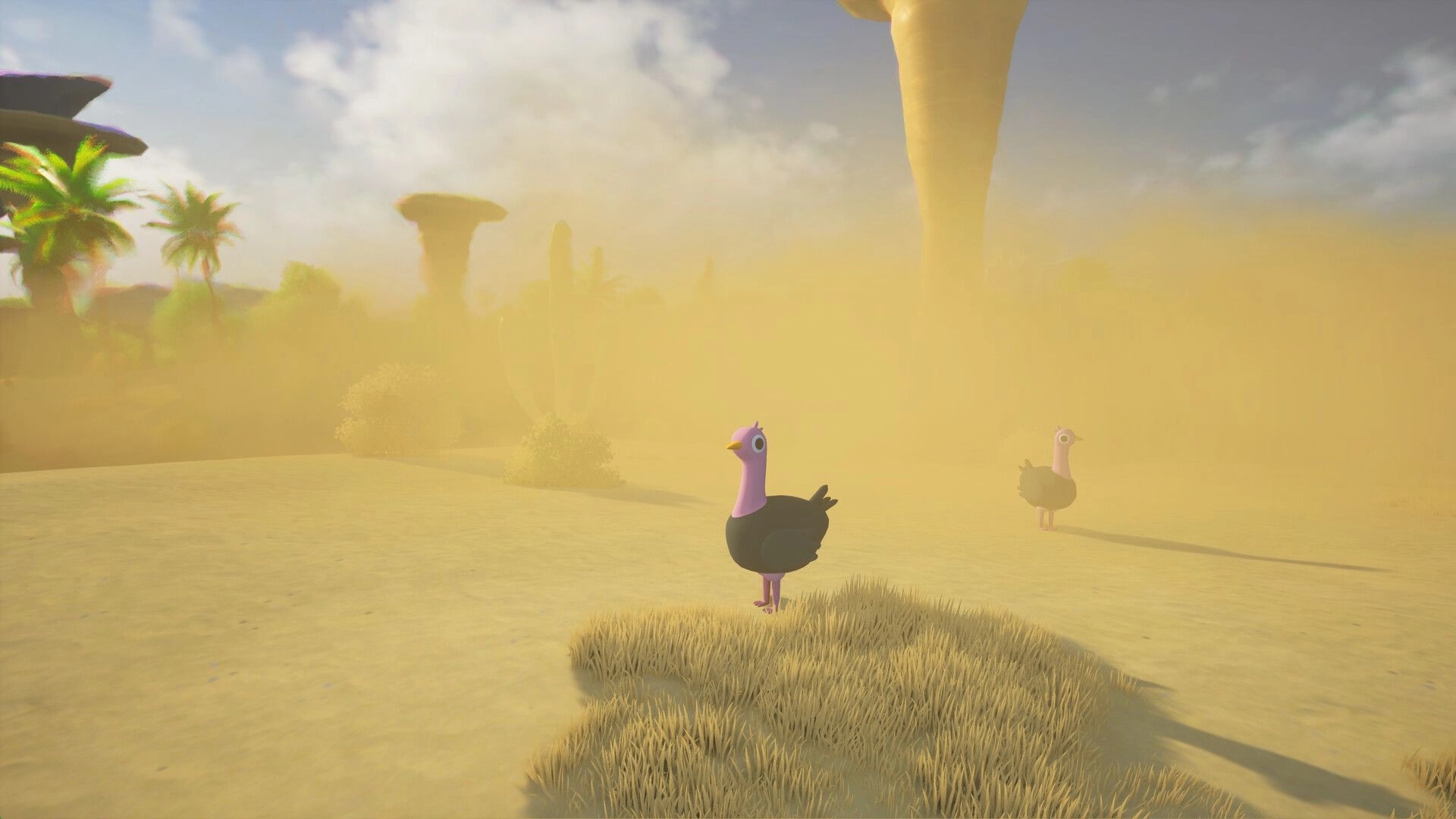 Only Animals: Two cartoon birds wander in a sunlit desert with sand dunes and distant palm trees.