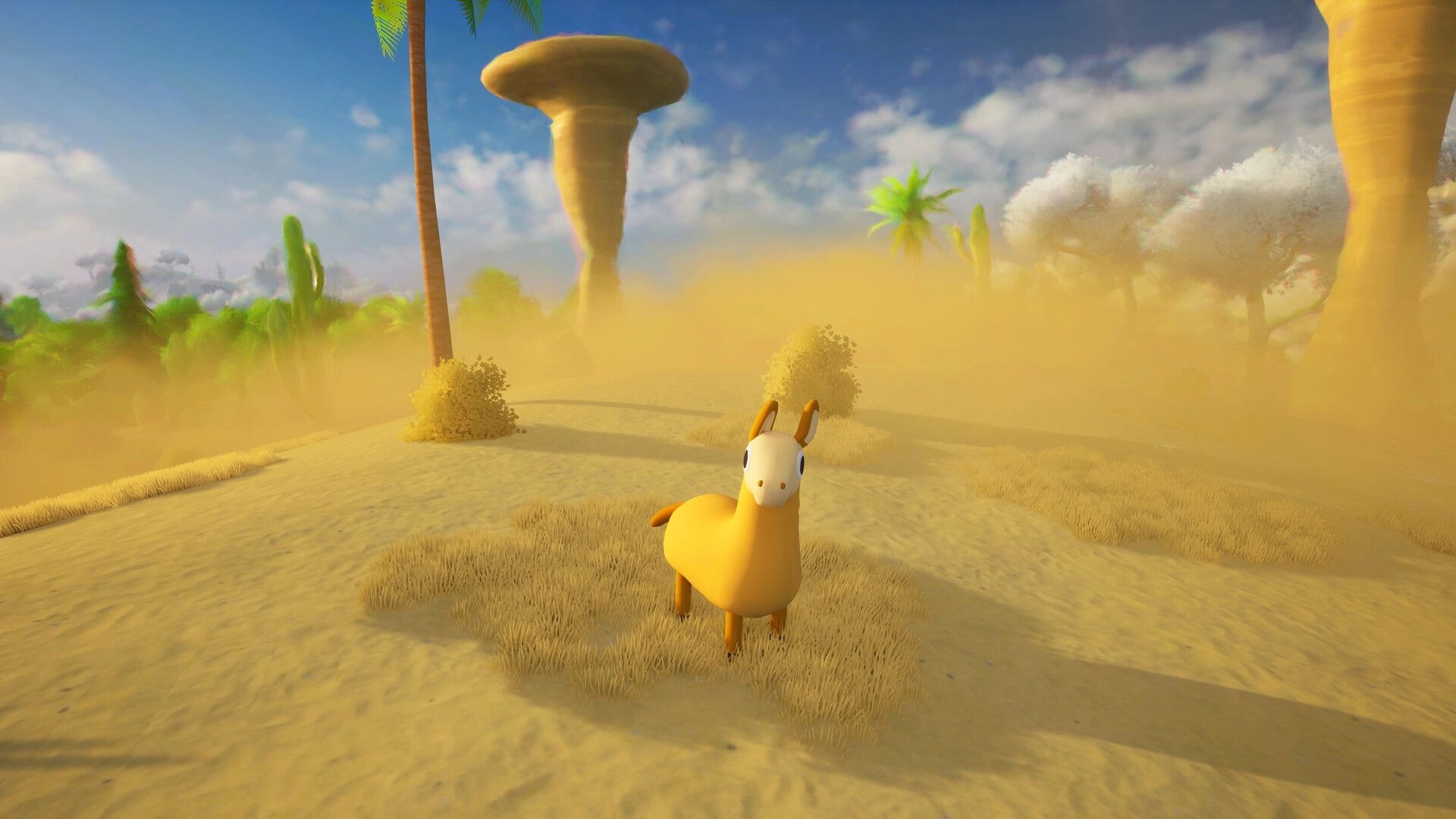 Only Animals: Cartoon llama stands in a desert biome with scattered bushes and towering rock formations.