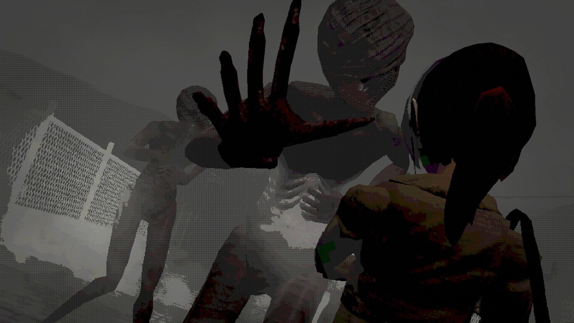 Only Fog Remains: Bandaged monster lunges with bloody hand in dense fog as girl recoils nearby.