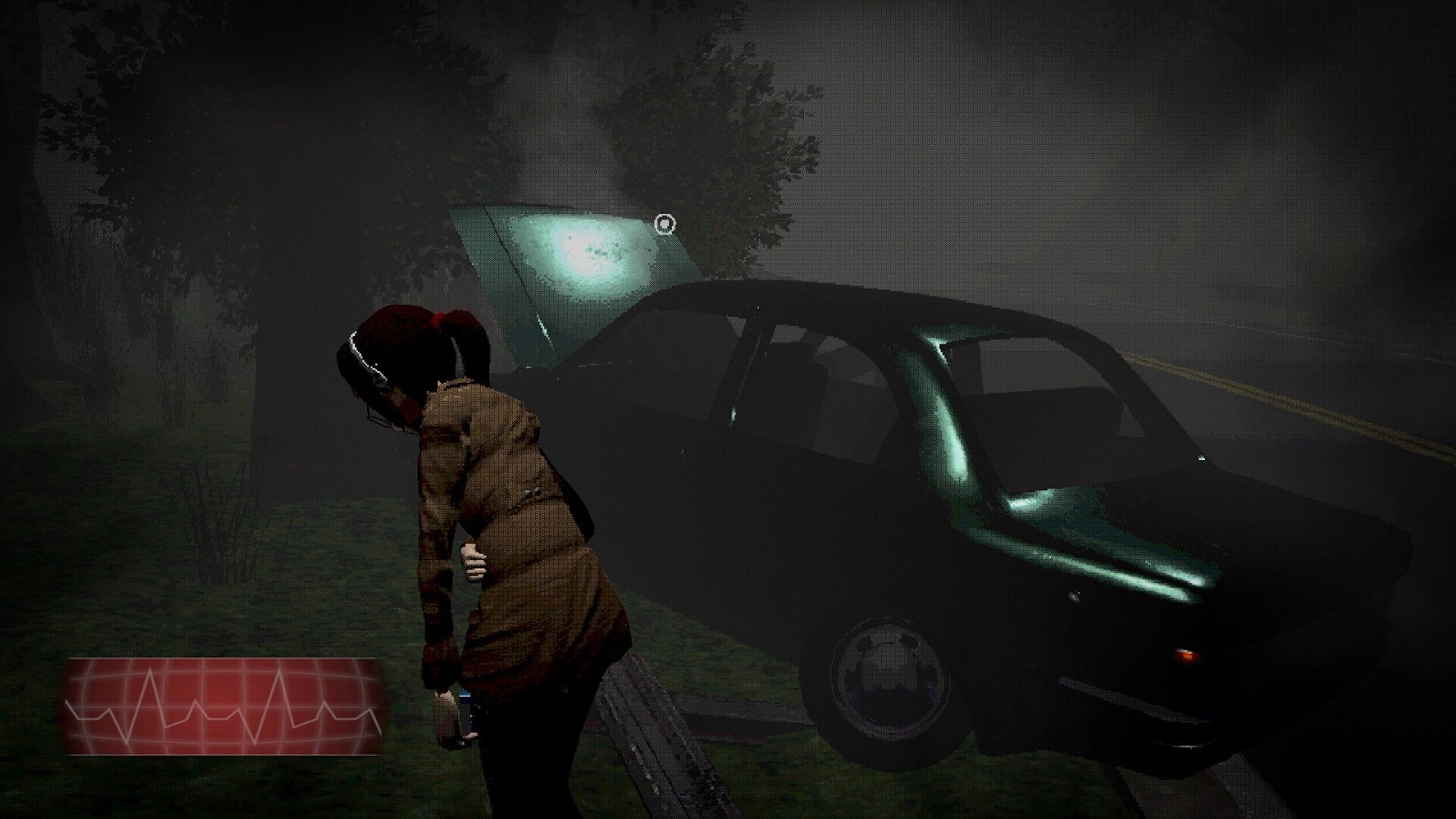 Only Fog Remains: Player crouches by a car with open hood on a foggy road, heartbeat HUD visible.