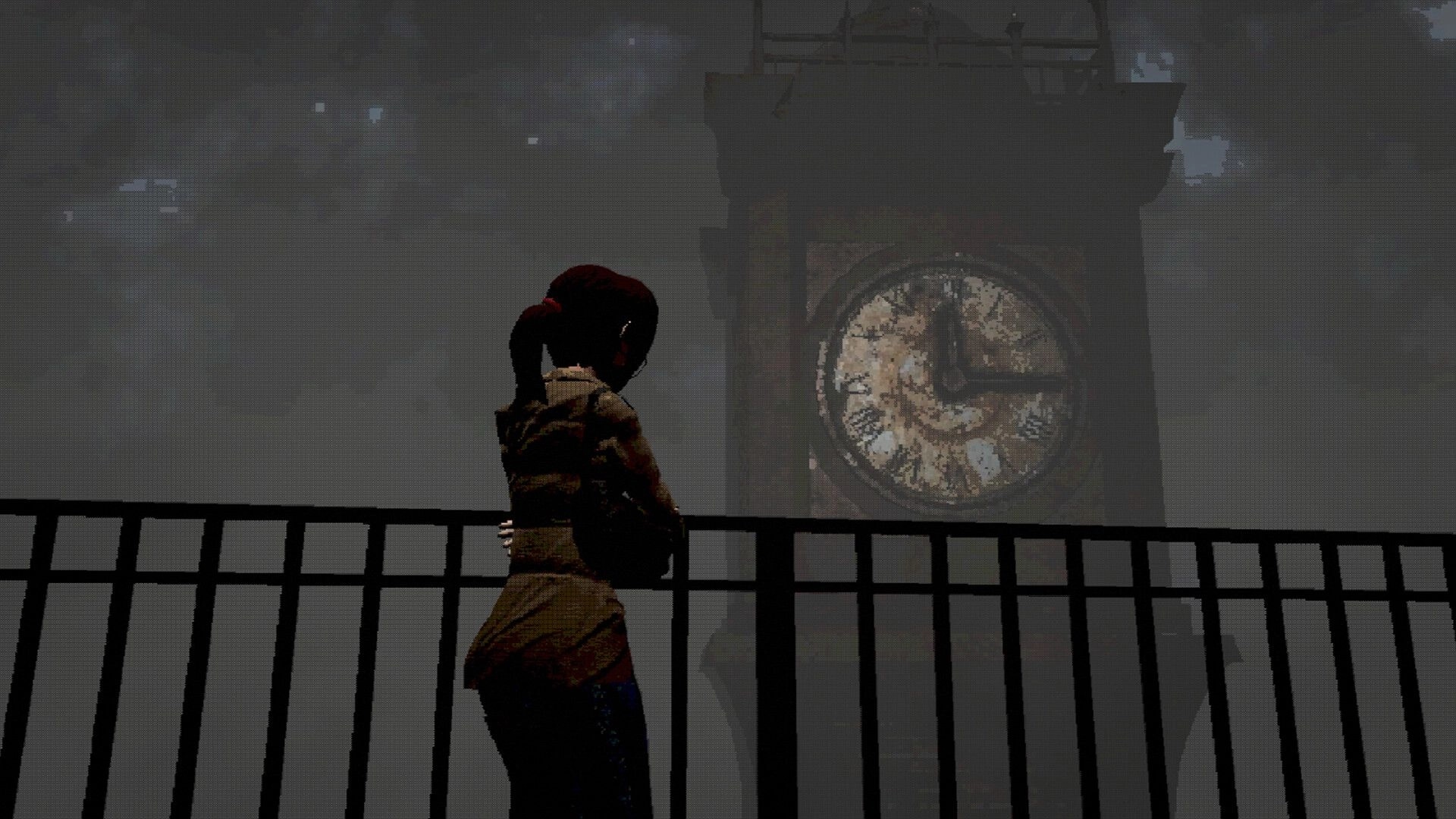Only Fog Remains: Woman on a foggy bridge facing a looming clock tower in the misty night skyline.