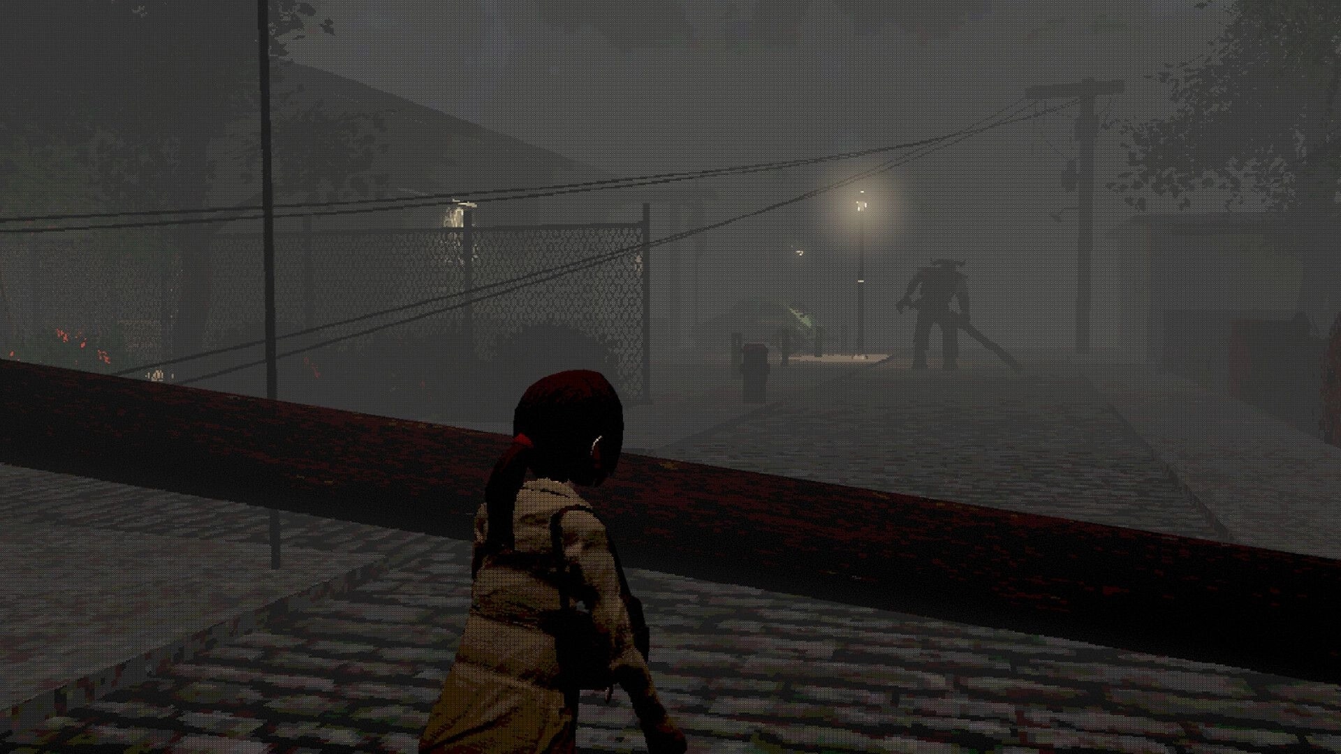 Only Fog Remains: Player character crouches behind a railing, watching a monster in foggy streetlight alley.