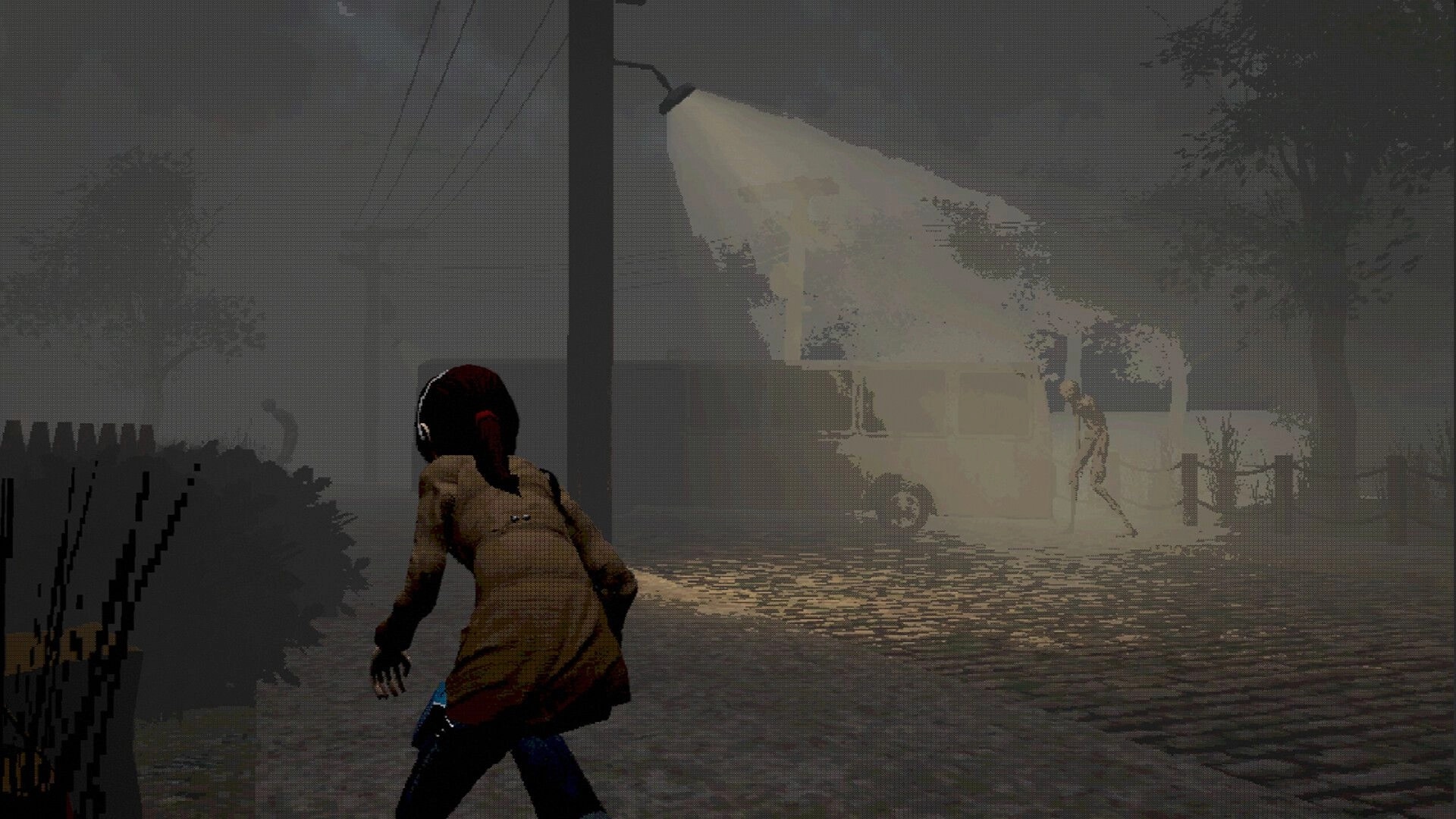 Only Fog Remains: Player character crouches by a fence on a foggy road near a lit house porch.