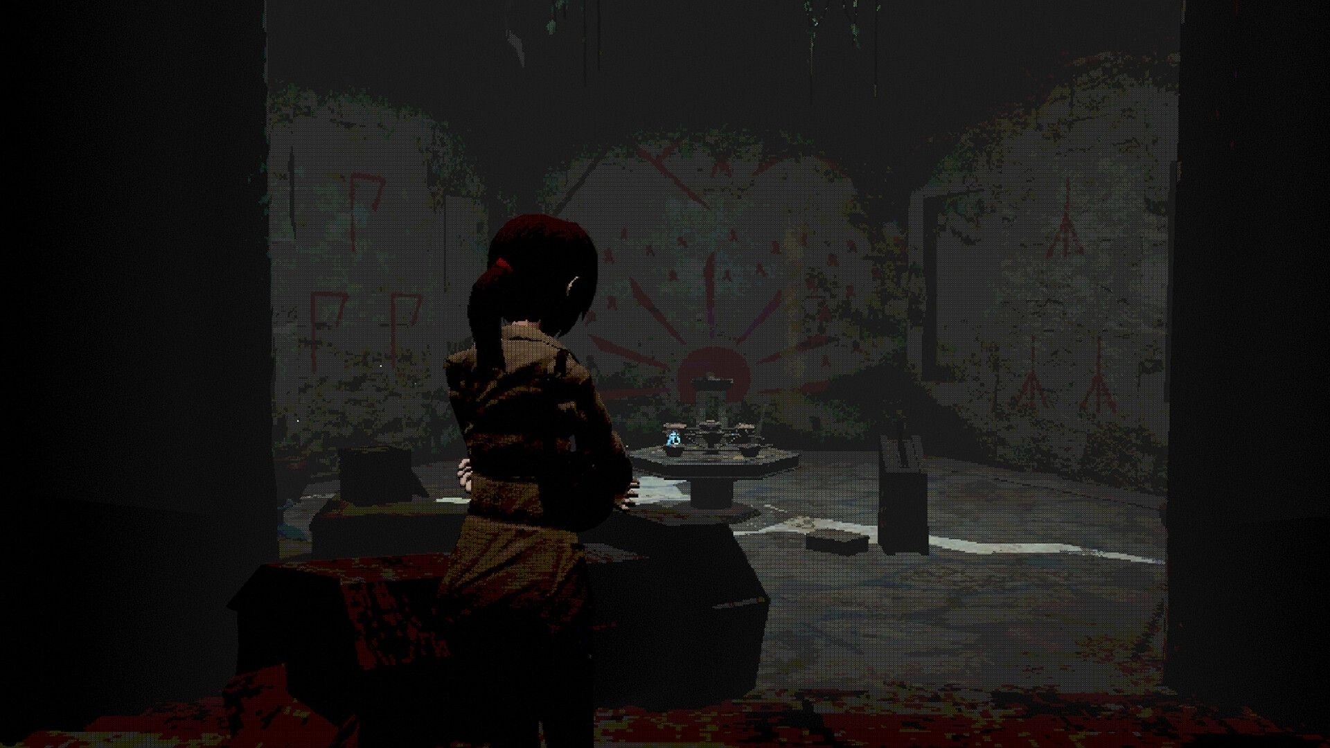 Only Fog Remains: Woman explores a graffiti-marked concrete room with a ritual table in dim foggy light.