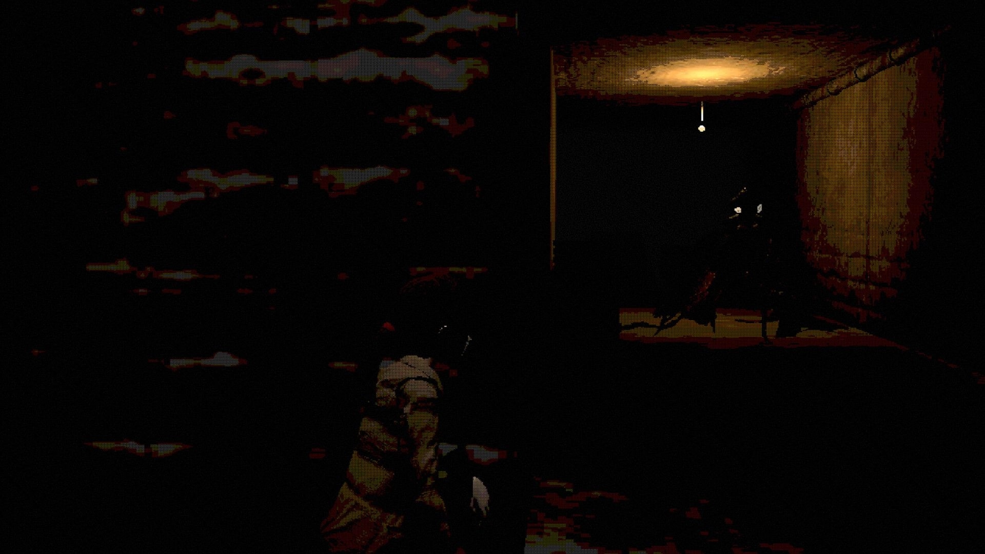 Only Fog Remains: Player crouches in shadowy corridor, an exclamation marker over a dark doorway ahead.