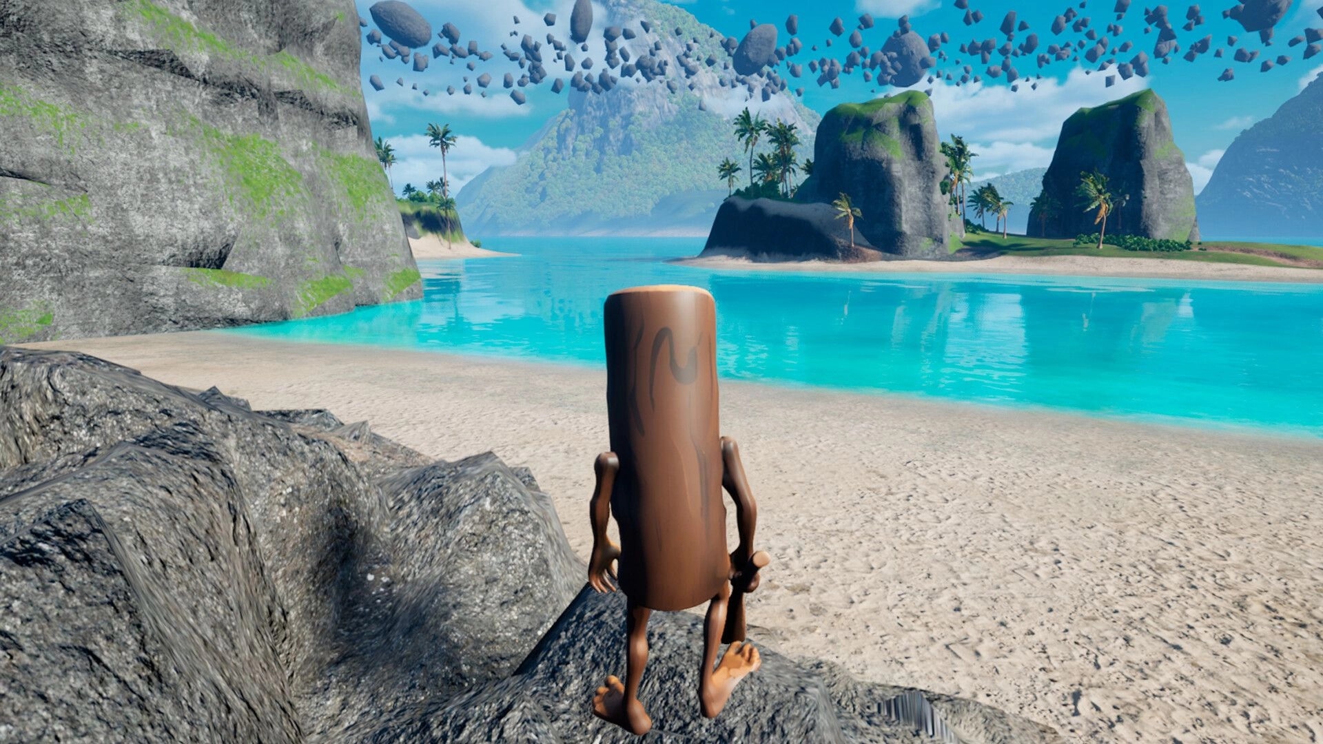 Only Up: Wooden character stands on rocky beach facing turquoise water and distant floating islands