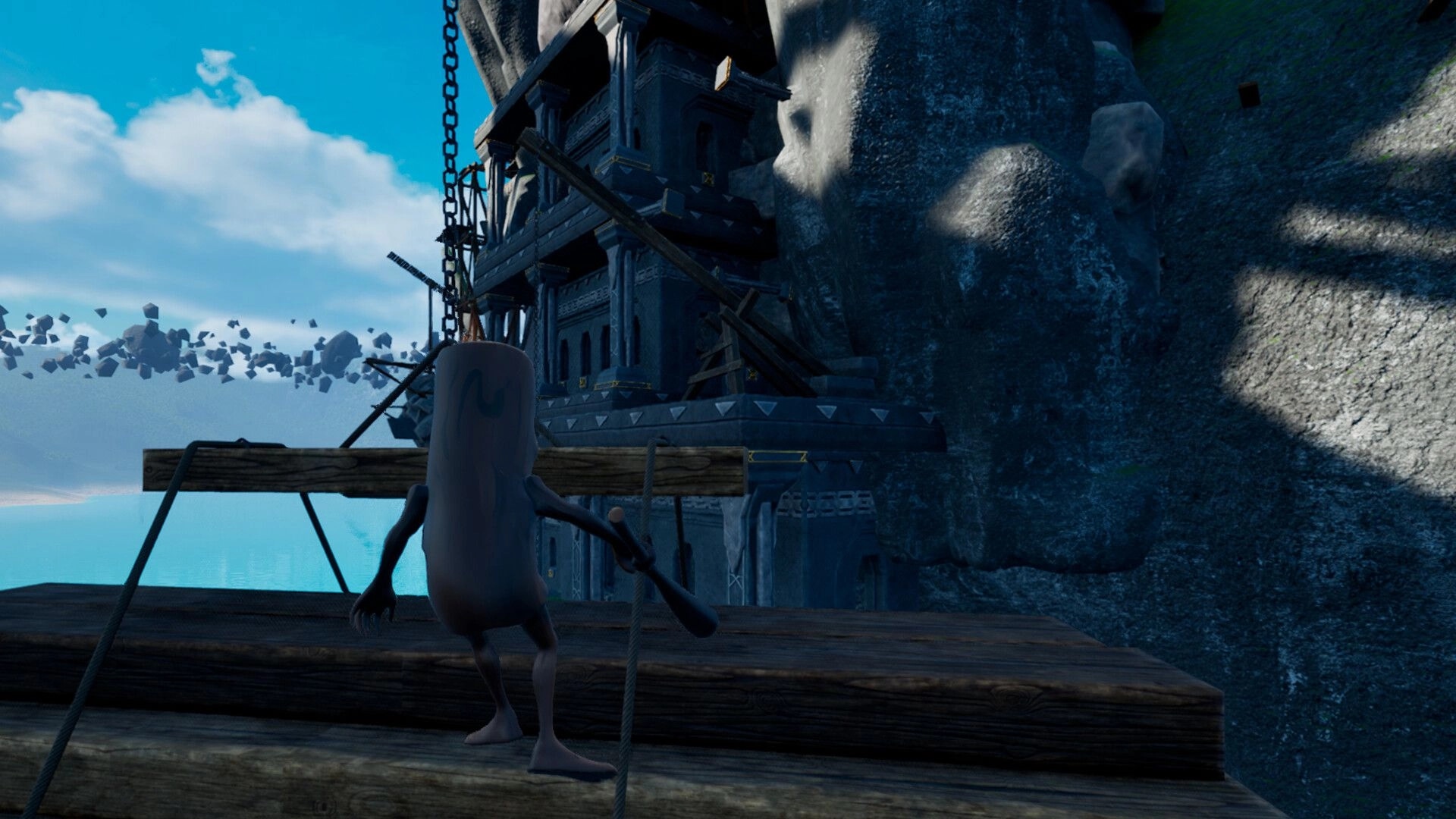 Only Up: Creature on wooden platform climbing towards ancient stone structure with chains and beams