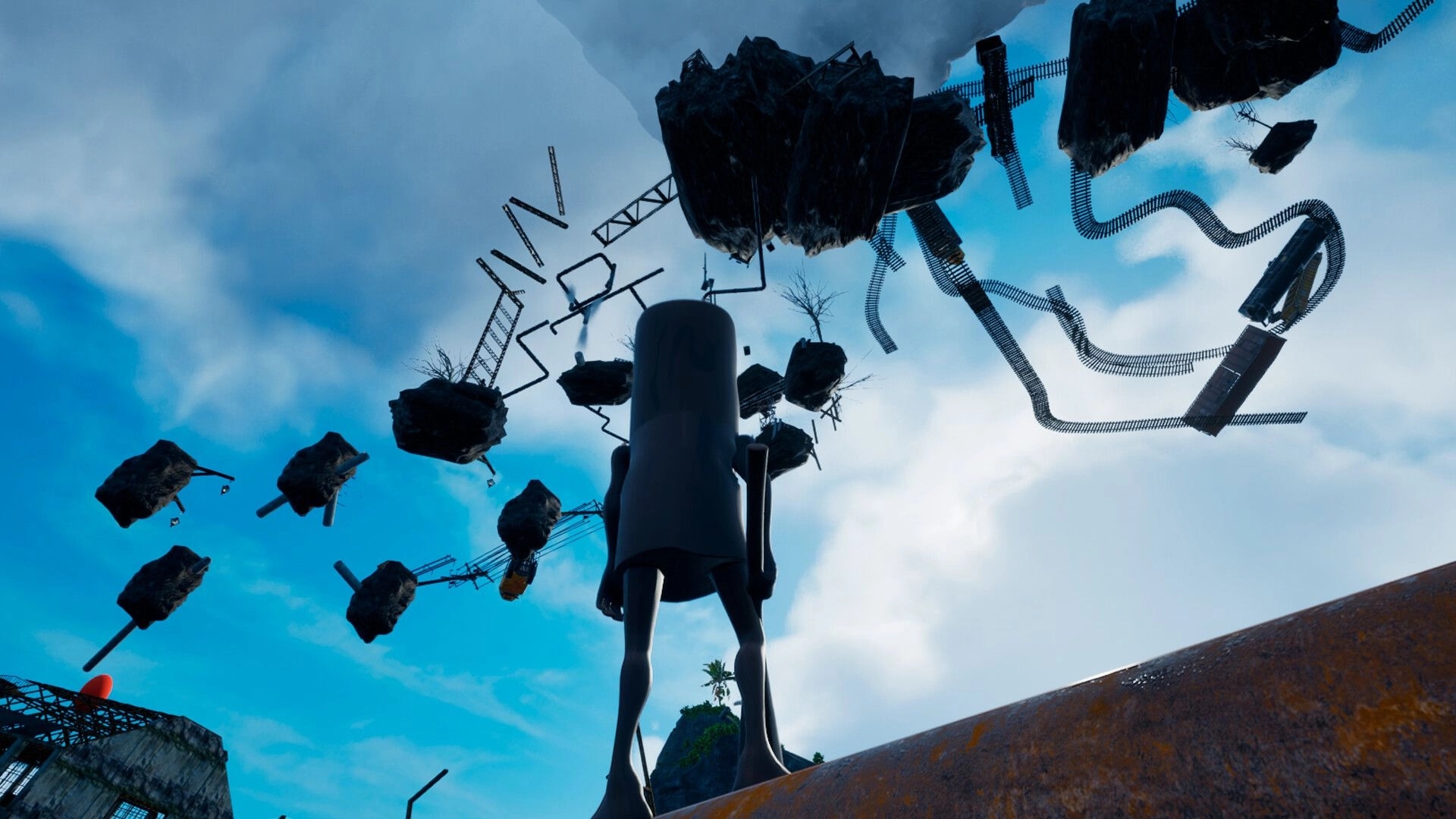 Only Up: A towering figure gazes at floating debris and twisted rails against a bright blue sky.