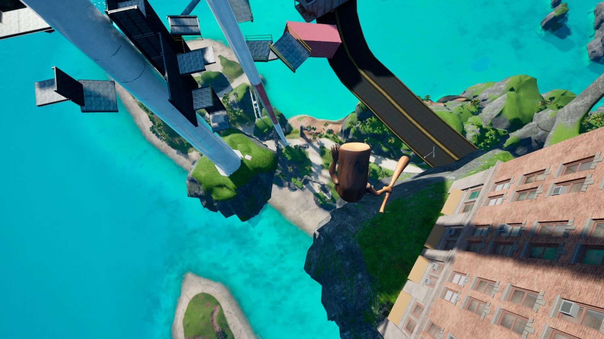 Only Up: Wooden character climbing surreal platforms above a vibrant blue ocean and scattered islands